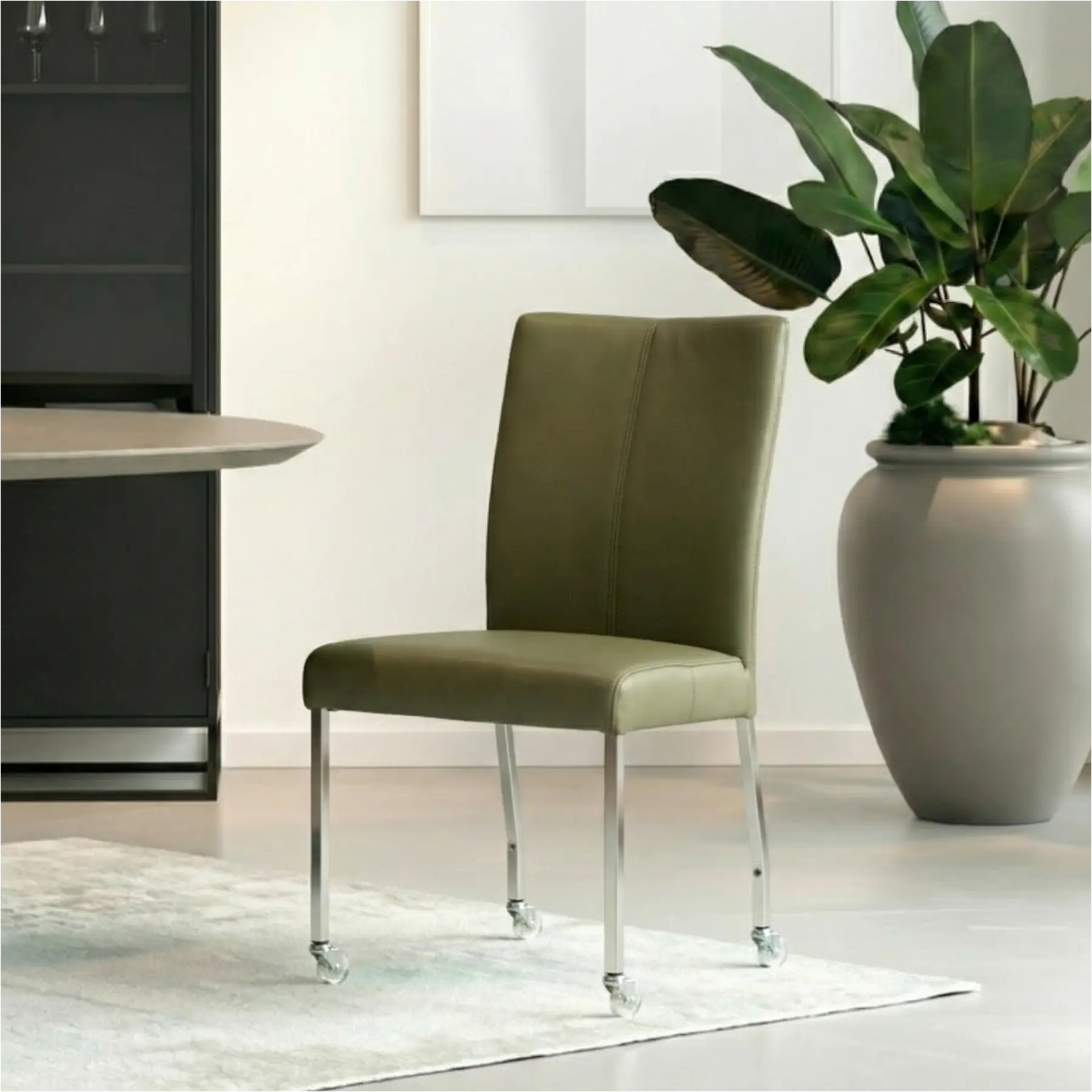 afbeelding van Set van 6 Leren eetkamerstoelen Deal - Toledo Olive (olijf/goen) - Poten staal vierkant RVS