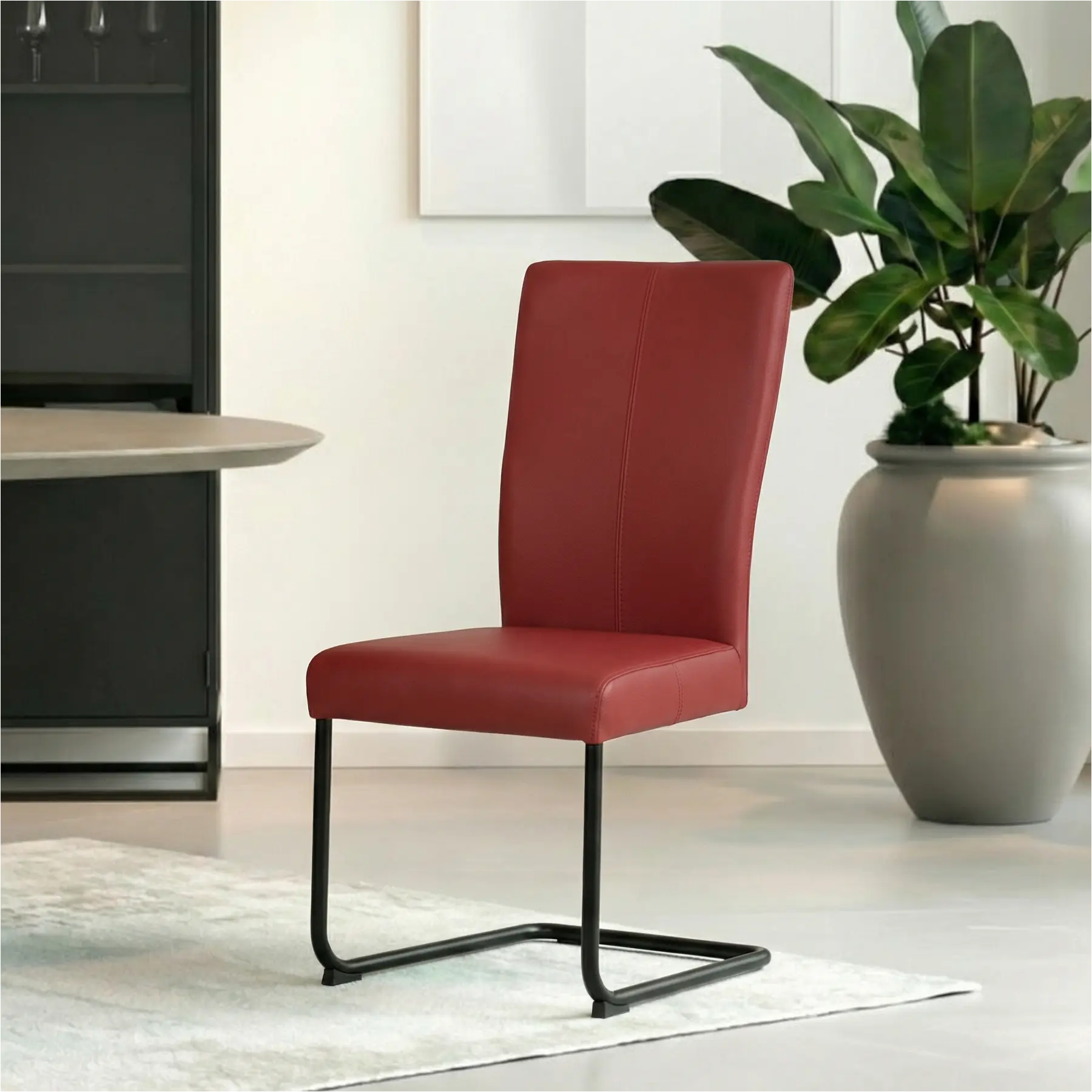 afbeelding van Set van 6 Leren eetkamerstoelen Dry - Toledo Red (rood) - Sledepoot staal rond zwart