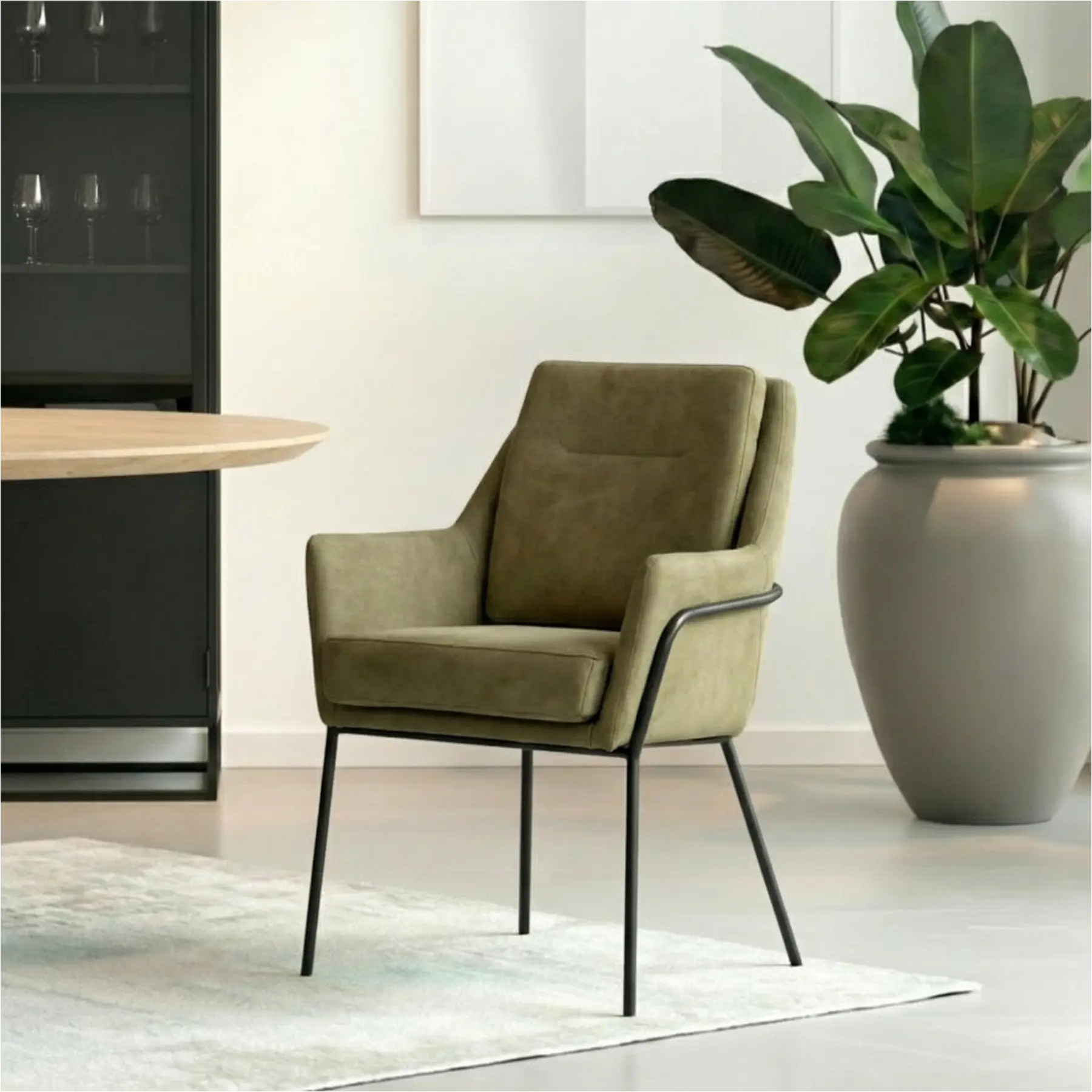 afbeelding van Set van 6 Leren eetkamerstoelen Mix - Kenia Olive (olijf) - Poten staal rond zwart