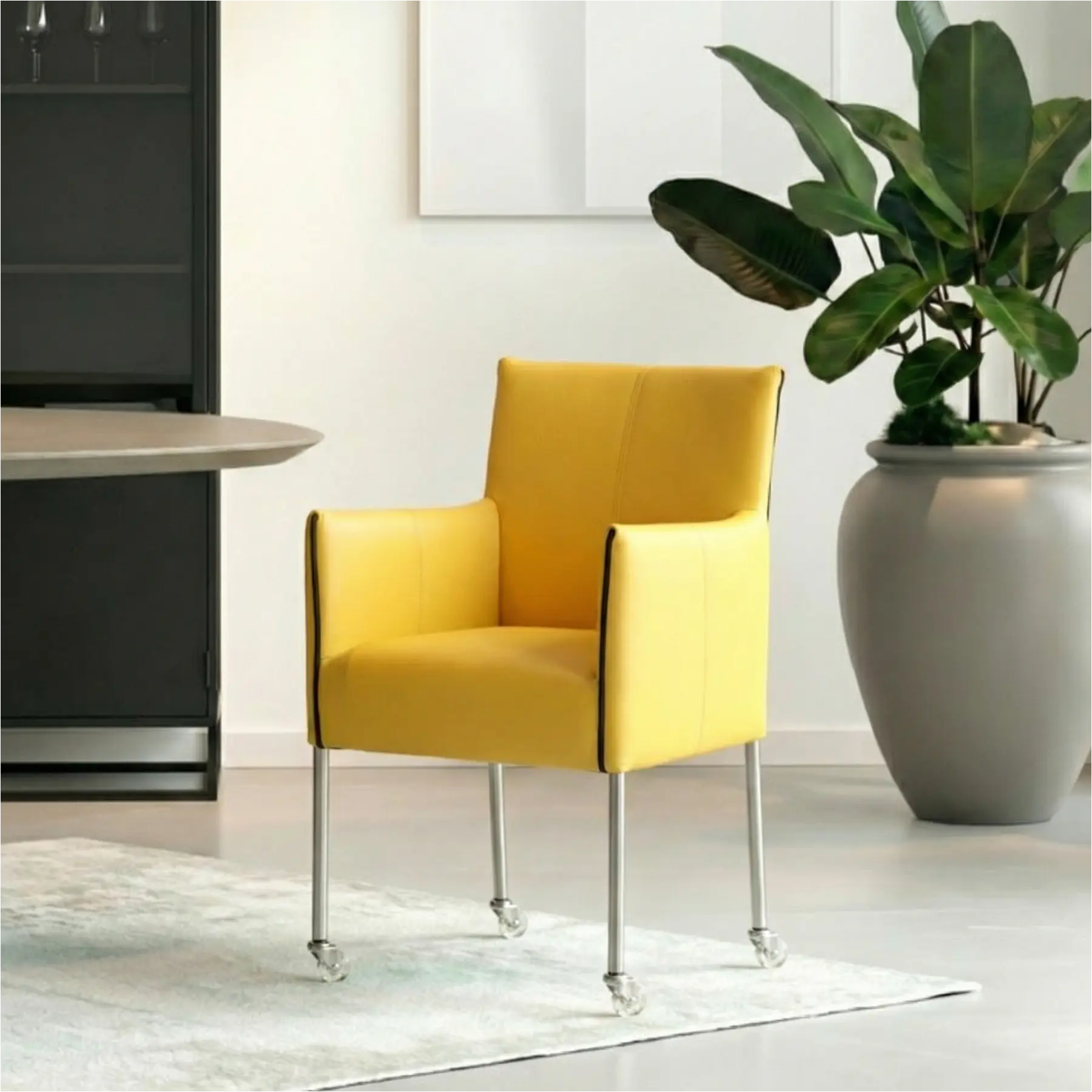 afbeelding van Set van 6 Leren eetkamerstoelen More - Toledo Lemon (geel) - Poten staal rond RVS