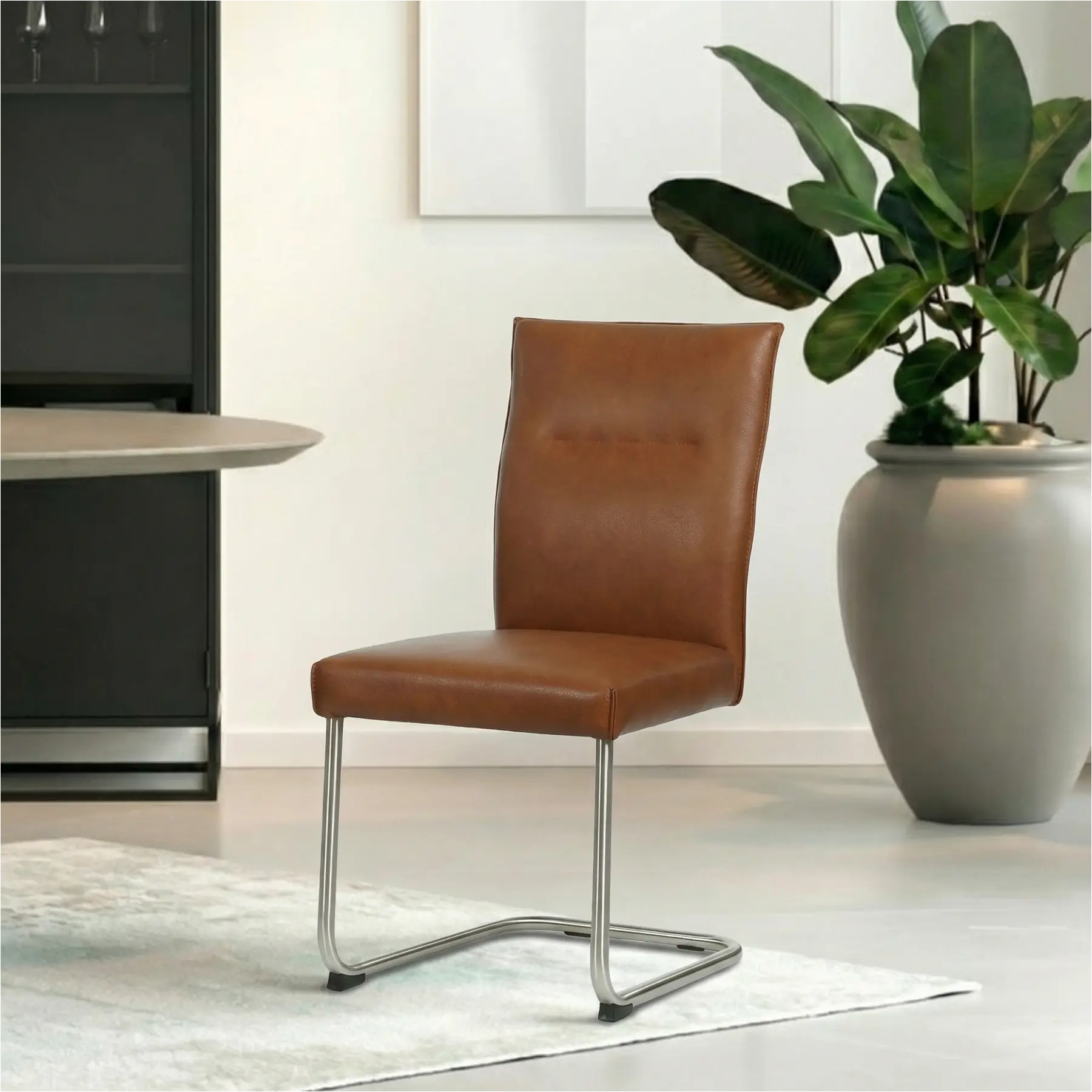 afbeelding van Set van 6 Leren eetkamerstoelen Retro - Granada Savannah (cognac) - Sledepoot staal rond RVS