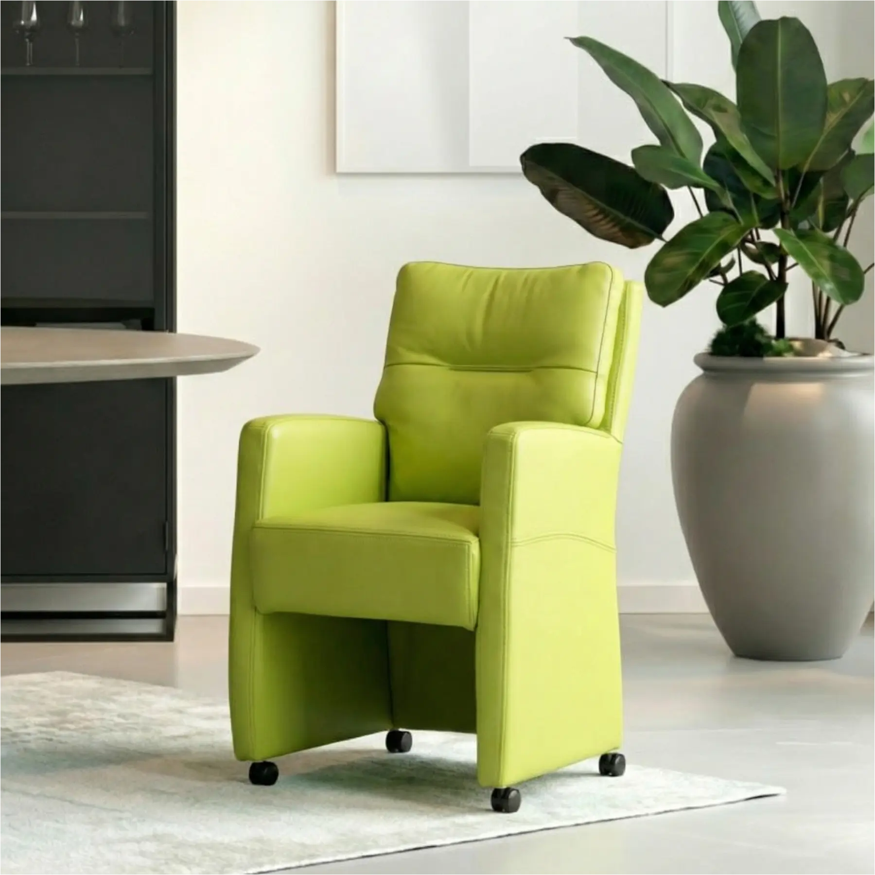 afbeelding van Set van 6 Leren eetkamerstoelen Sharp - Hermes Lime (felgroen) - Met handgreep zwart