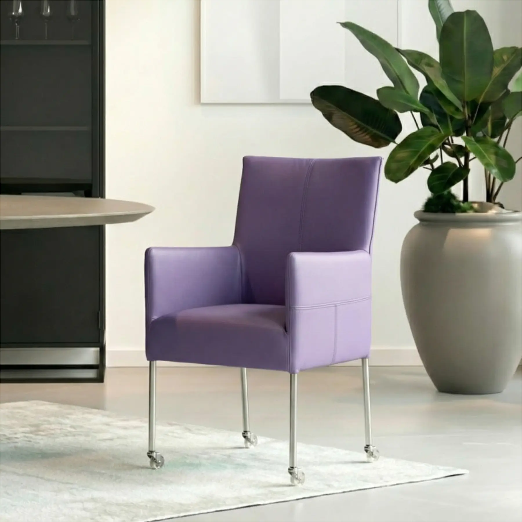 afbeelding van Set van 6 Leren eetkamerstoelen Spark - Toledo Lila (lichtpaars) - Poten staal rond RVS