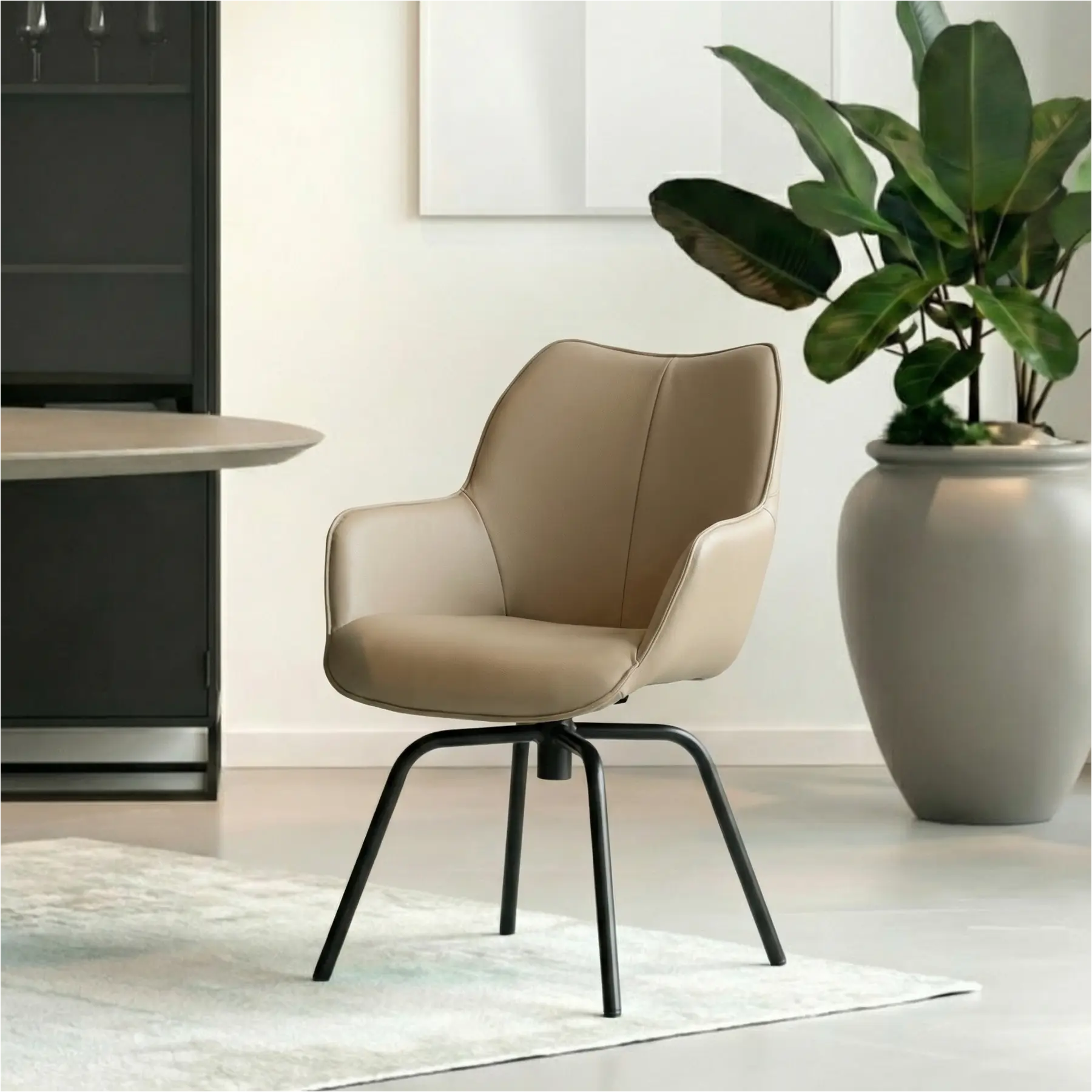 afbeelding van Set van 8 Leren draaibare eetkamerstoelen Magic - Toledo Khaki (taupe/bruin) - Spinpoot staal rond zwart
