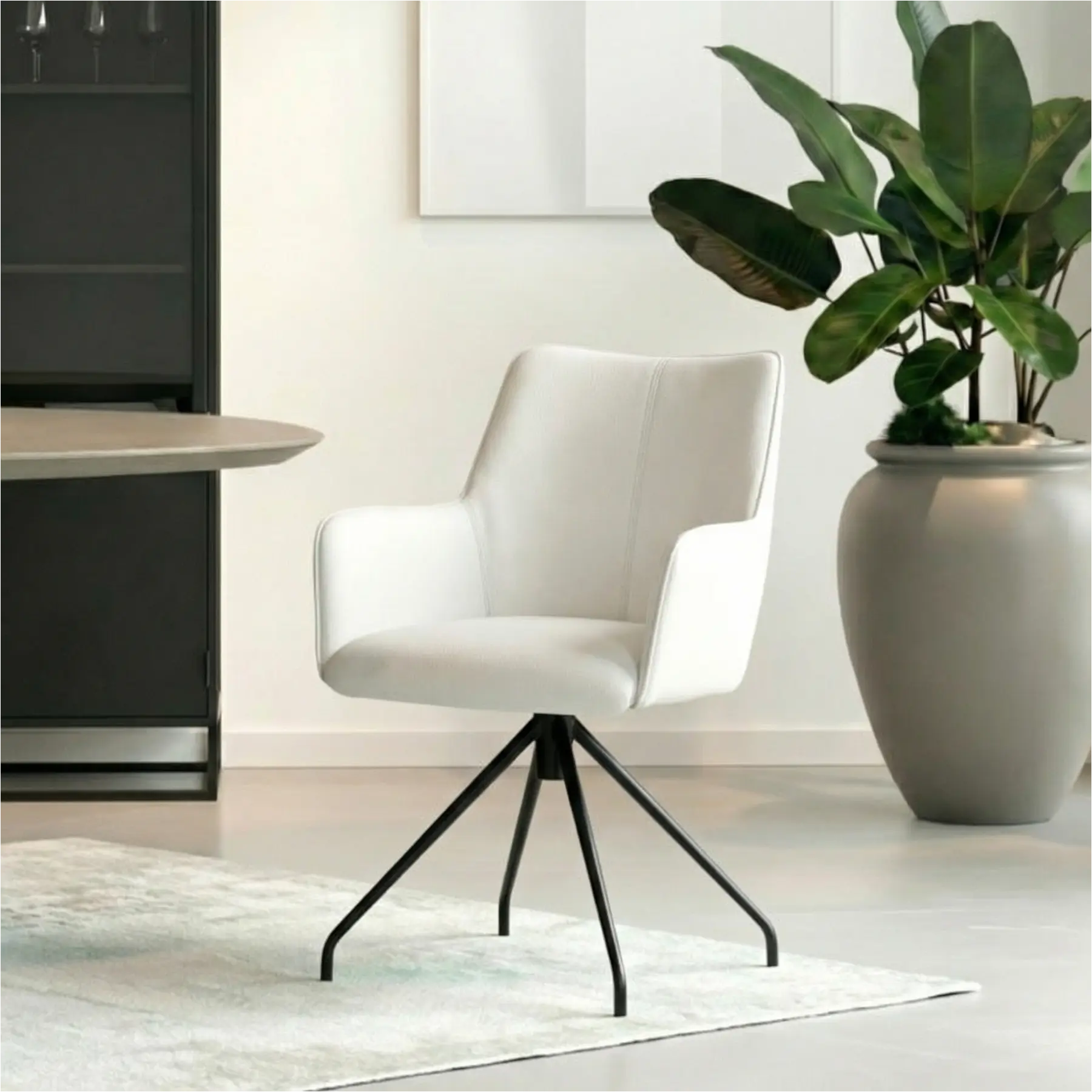 afbeelding van Set van 8 Leren draaibare eetkamerstoelen Wave - Toledo Purewhite (wit) - Spinpoot staal rond zwart