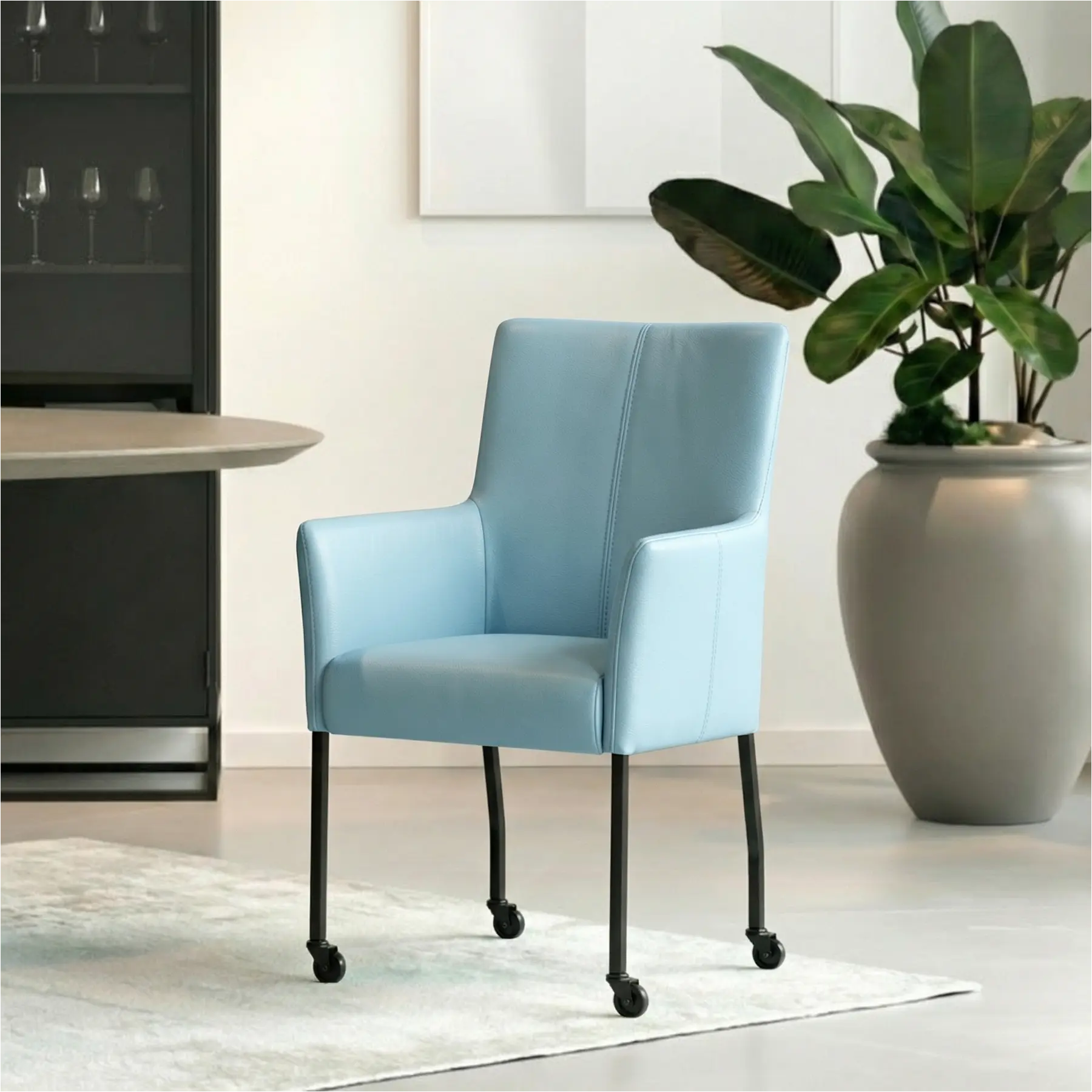 afbeelding van Set van 8 Leren eetkamerstoelen Deal - Toledo Sky Blue (lichtblauw) - Poten staal vierkant zwart