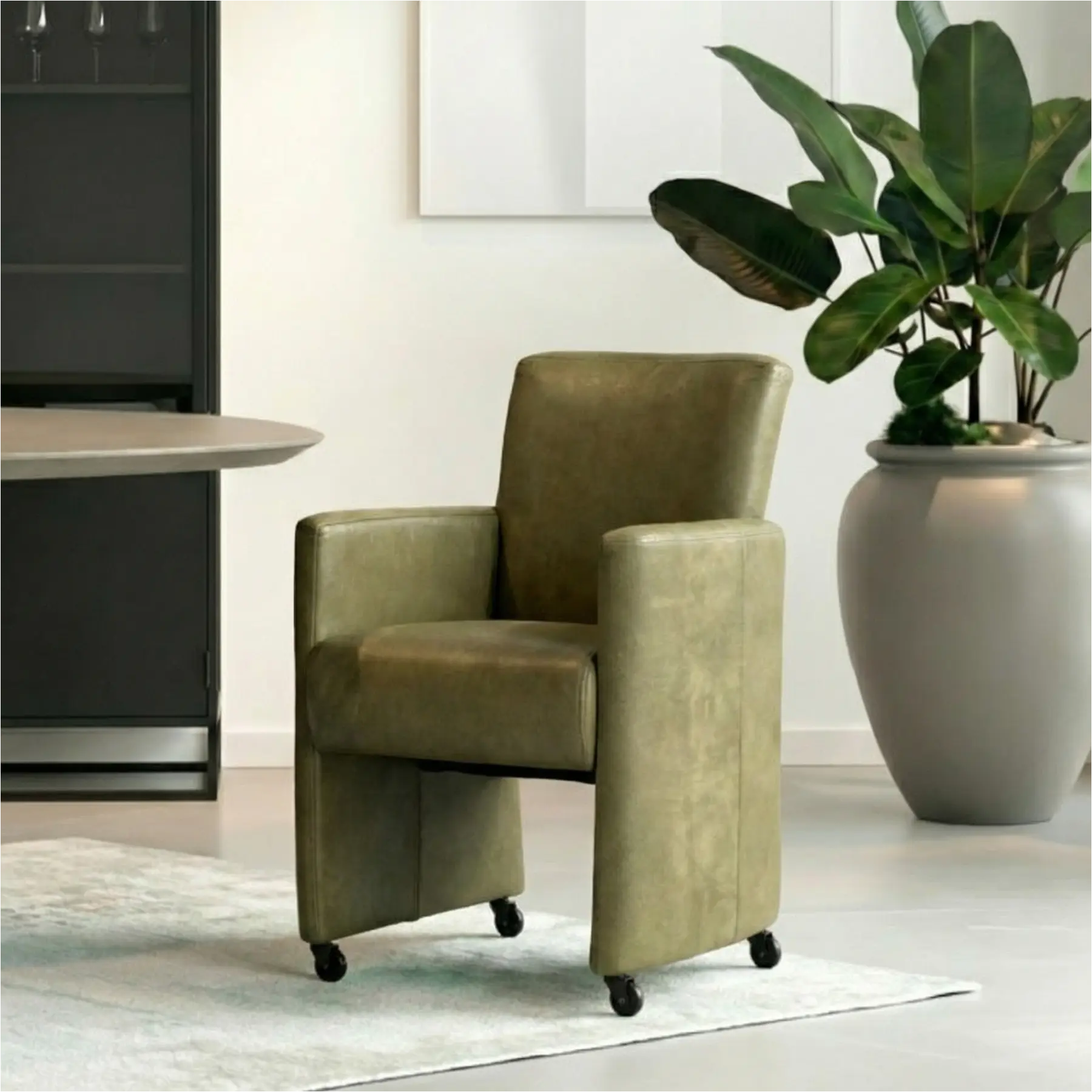 afbeelding van Set van 8 Leren eetkamerstoelen Elegant - Kenia Olive (olijf) - Zonder handgreep