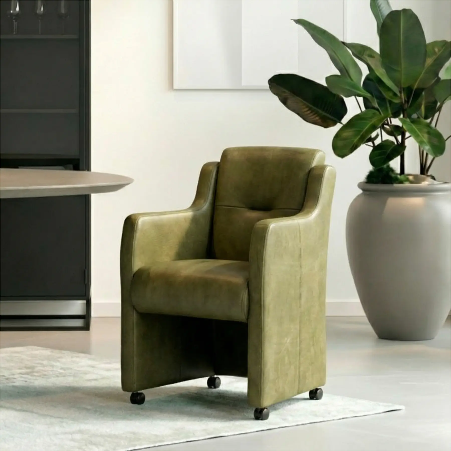 afbeelding van Set van 8 Leren eetkamerstoelen Mass - Kenia Olive (olijf) - Met handgreep zwart