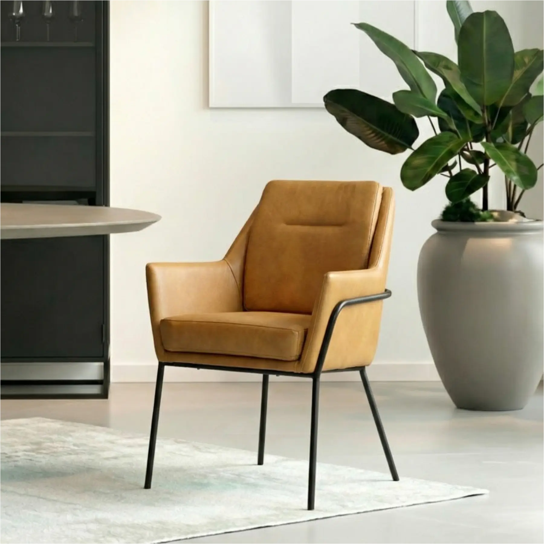 afbeelding van Set van 8 Leren eetkamerstoelen Mix - Granada Amber (cognac) - Poten staal rond zwart