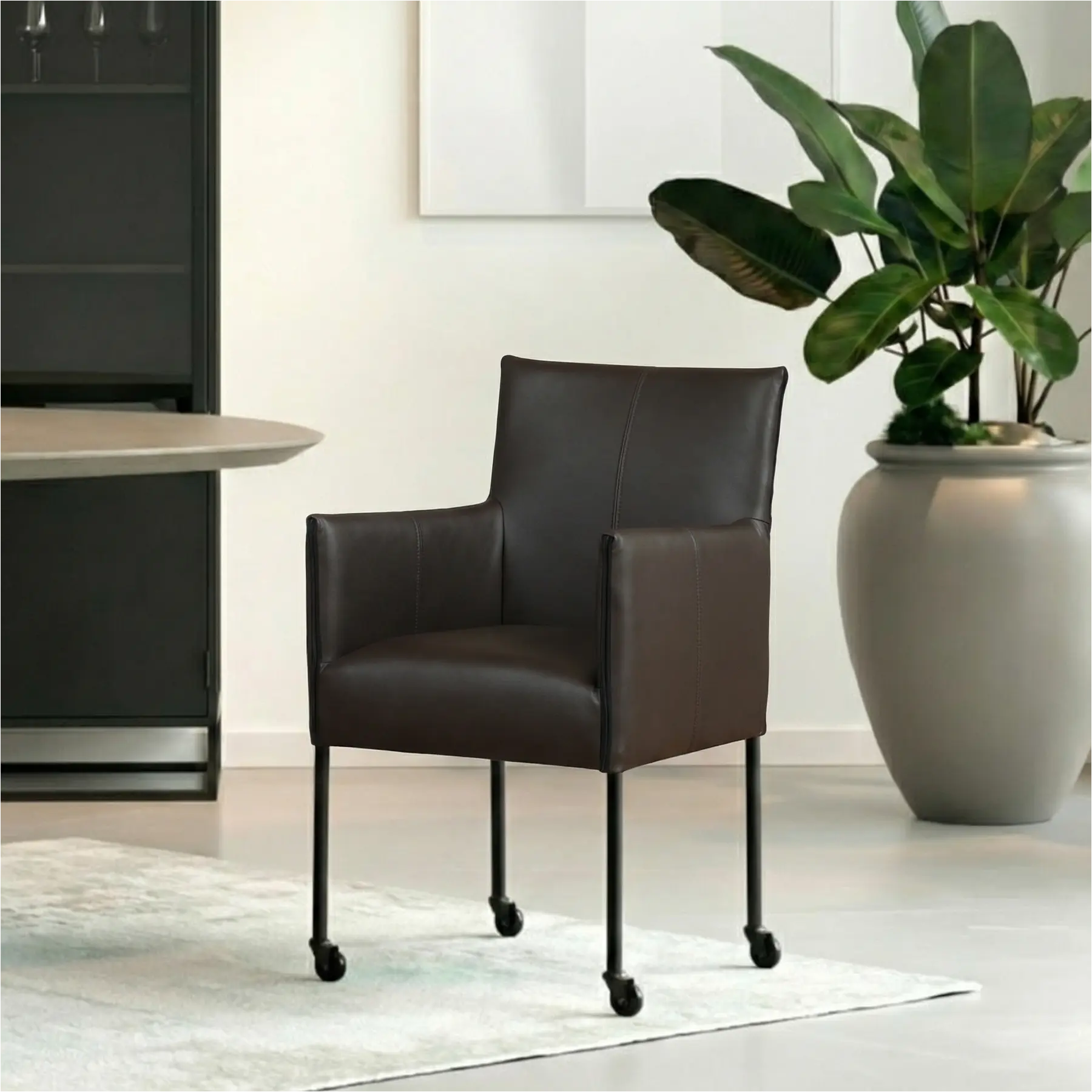 afbeelding van Set van 8 Leren eetkamerstoelen More - Hermes Caffe (donkerbruin) - Poten staal rond zwart