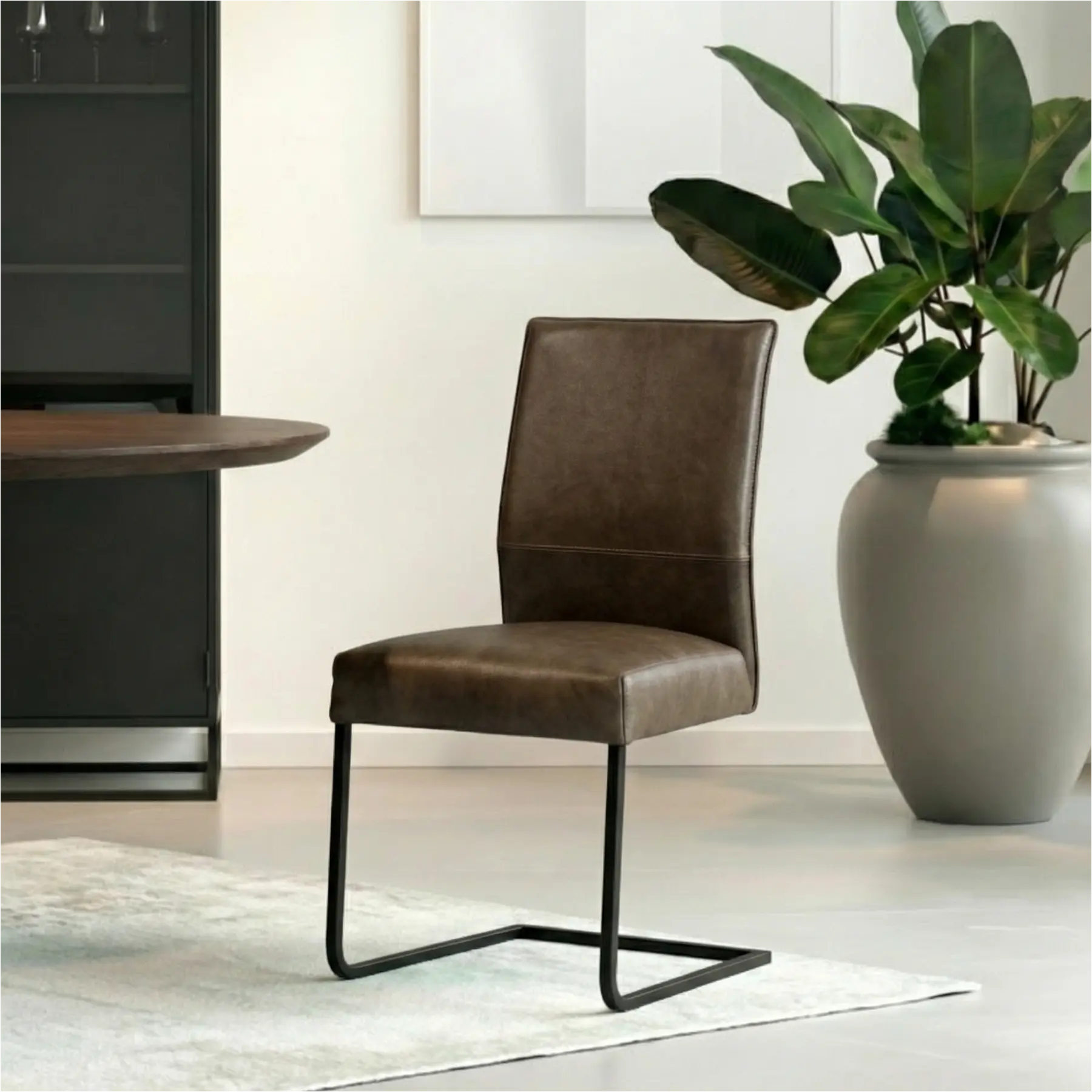 afbeelding van Set van 8 Leren eetkamerstoelen Remix - Granada Ash (grijs/bruin) - Sledepoot staal vierkant zwart