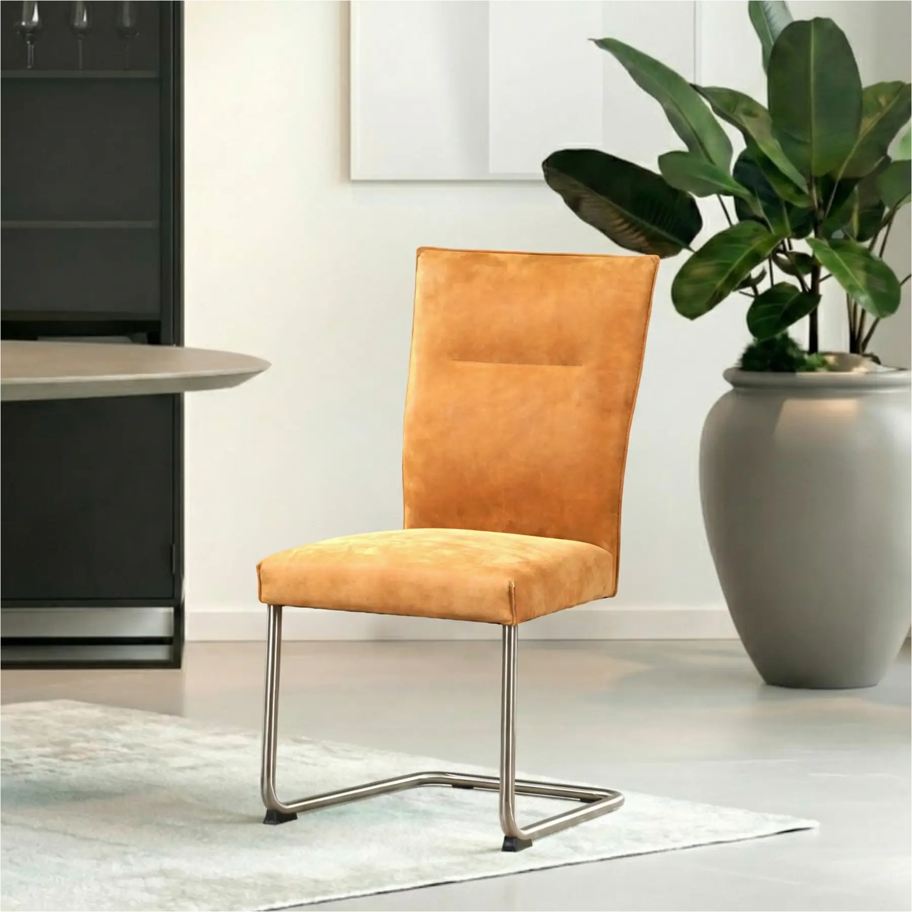 afbeelding van Set van 8 Leren eetkamerstoelen Retro - Kenia Cognac (cognac) - Sledepoot staal rond RVS