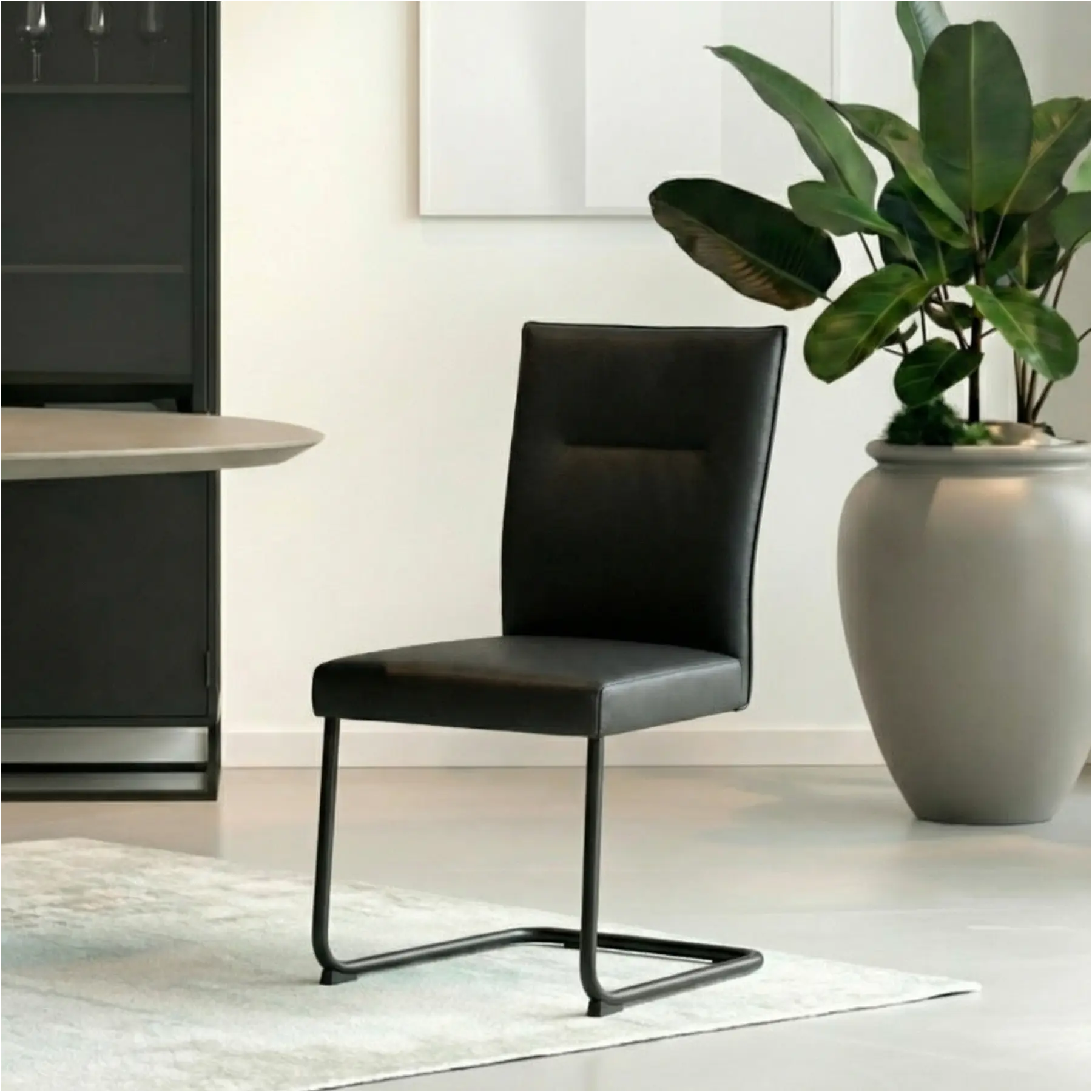 afbeelding van Set van 8 Leren eetkamerstoelen Retro - Toledo Pacific (donkerblauw) - Sledepoot staal rond zwart