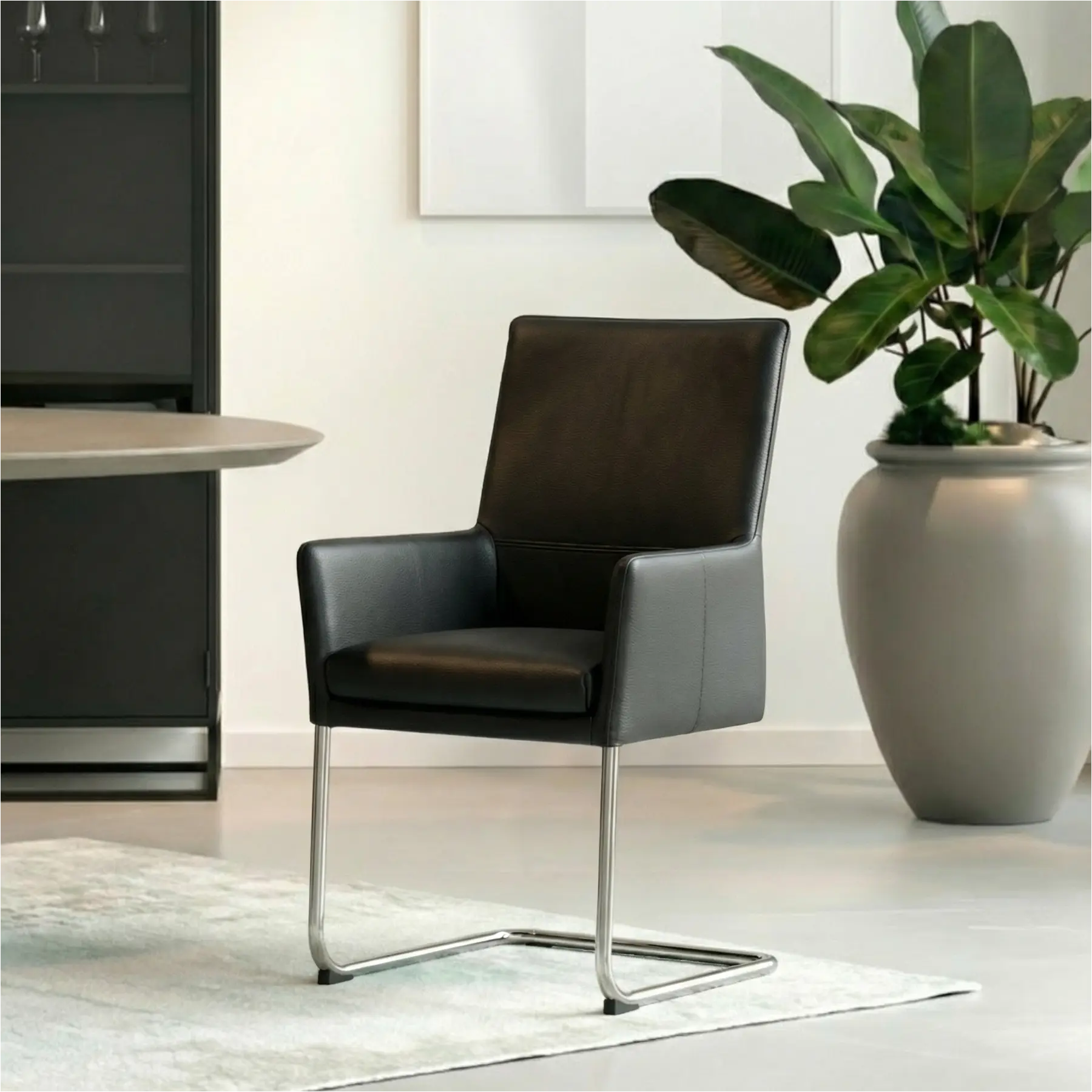 afbeelding van Set van 8 Leren eetkamerstoelen Rumor - Hermes Nero (zwart) - Sledepoot staal rond RVS