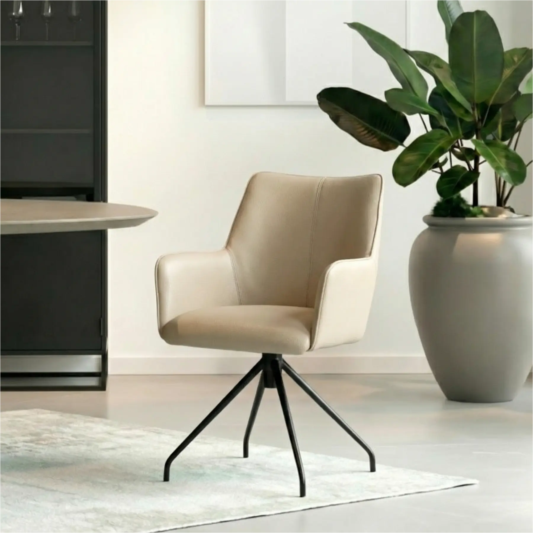 afbeelding van Set van 8 Leren eetkamerstoelen Wave - Toledo Mastic (taupe/bruin) - Spinpoot staal rond zwart