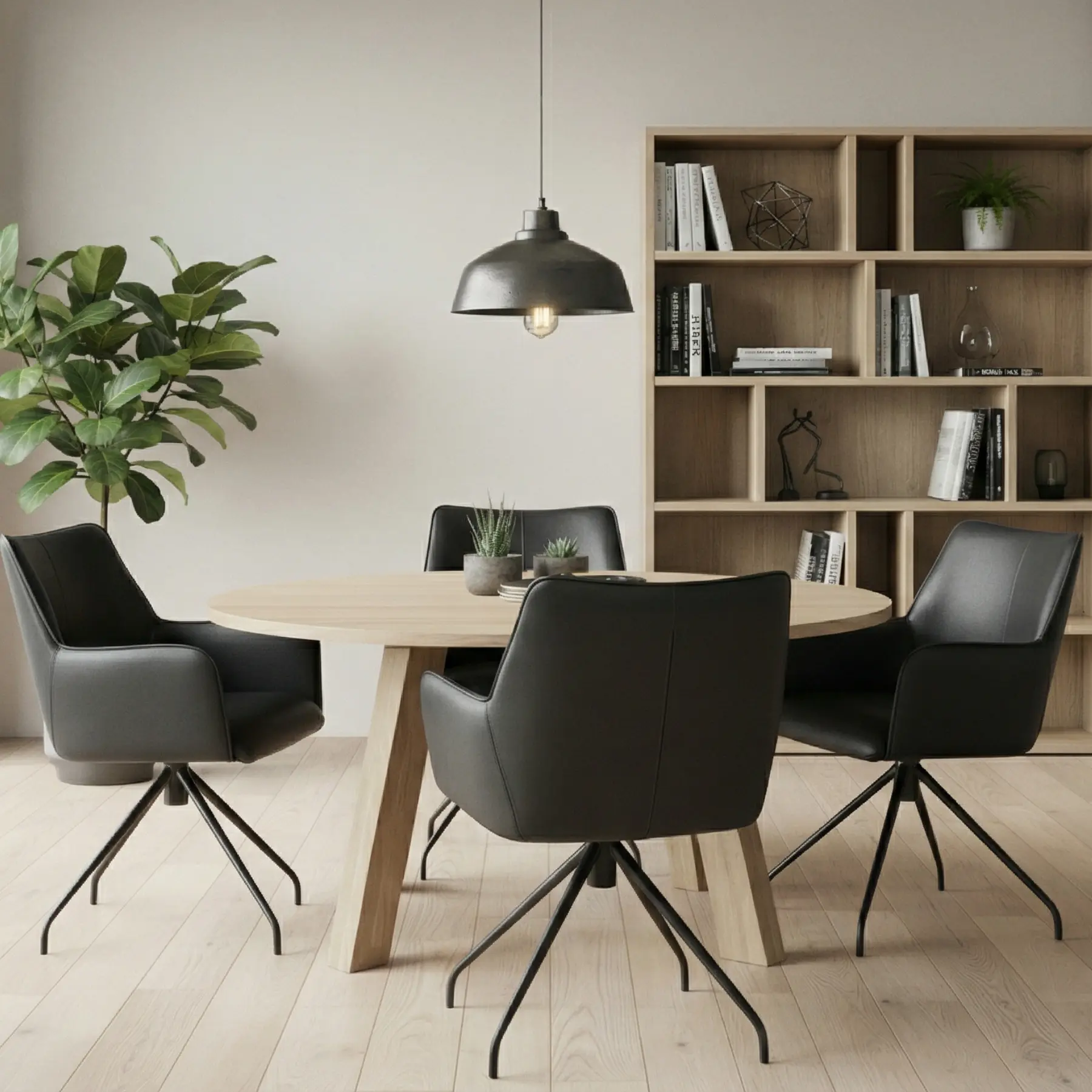 afbeelding van Leren draaibare eetkamerstoel Wave - Granada Black (zwart) - Spinpoot staal rond zwart