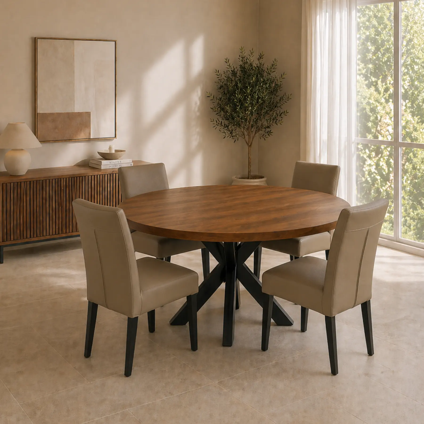 afbeelding van Leren eetkamerstoel Just - Toledo Mocca (taupe/bruin) - Poten hout zwart