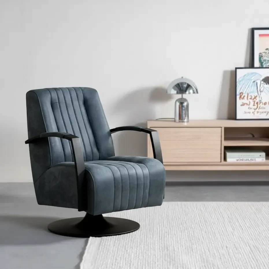 afbeelding van Leren draaifauteuil Galaxy - Kenia Denim (blauw) - Schotelvoet zwart