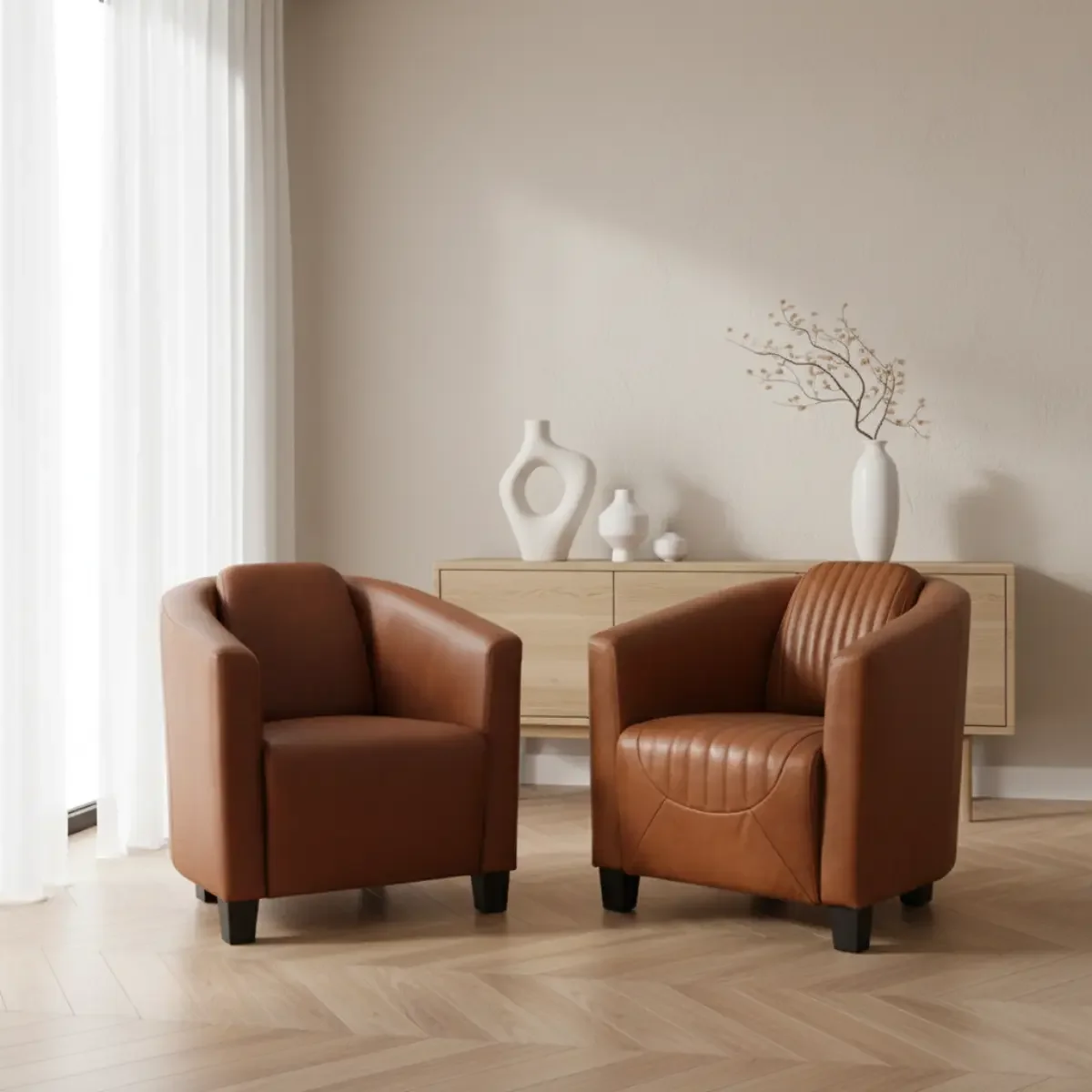afbeelding van Leren fauteuil Press Special - Massif Armagnac (donkercognac) - Poten hout zwart