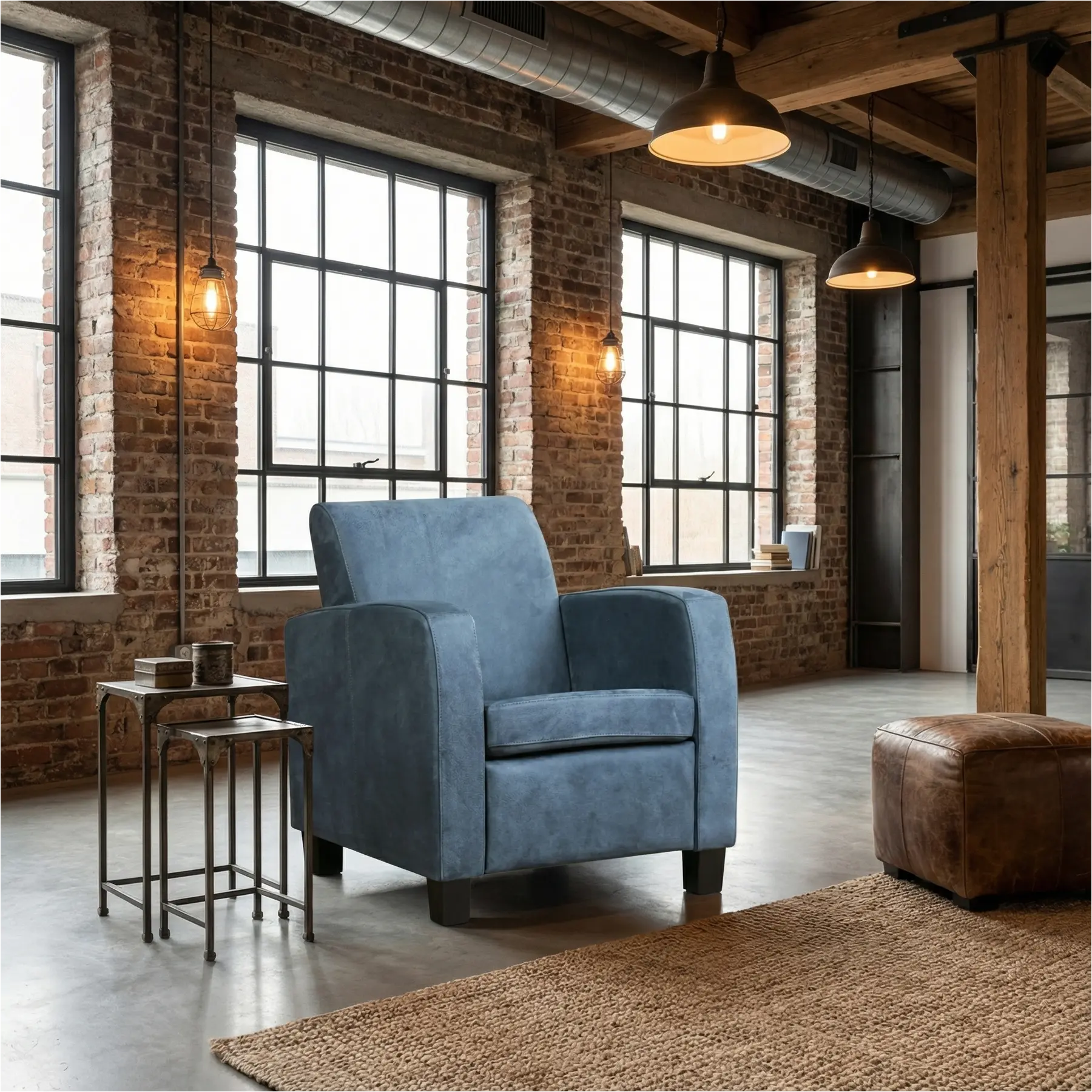 afbeelding van Leren fauteuil Joy - Kenia Denim (blauw) - Poten hout bruin