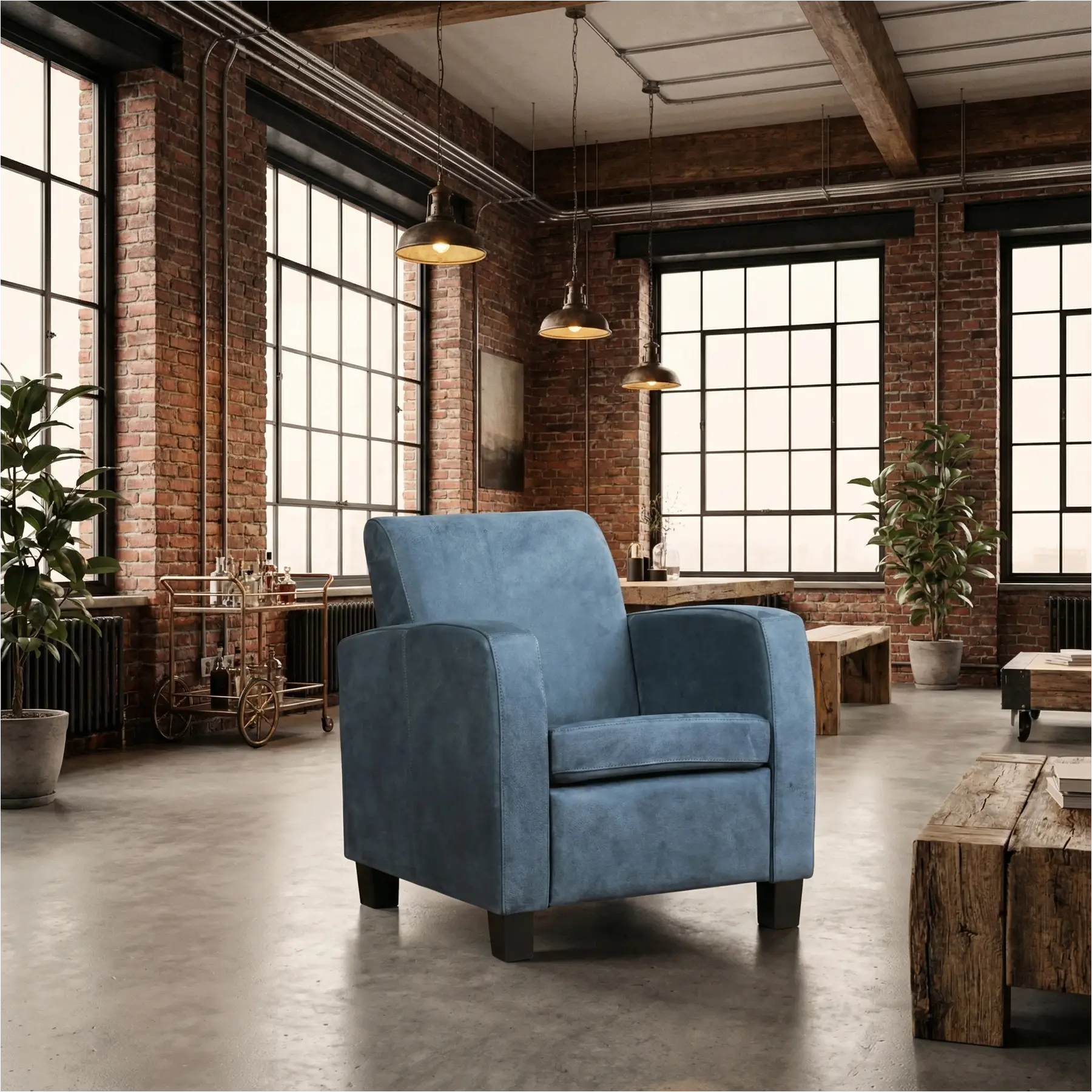 afbeelding van Leren fauteuil Joy - Kenia Denim (blauw) - Poten hout zwart