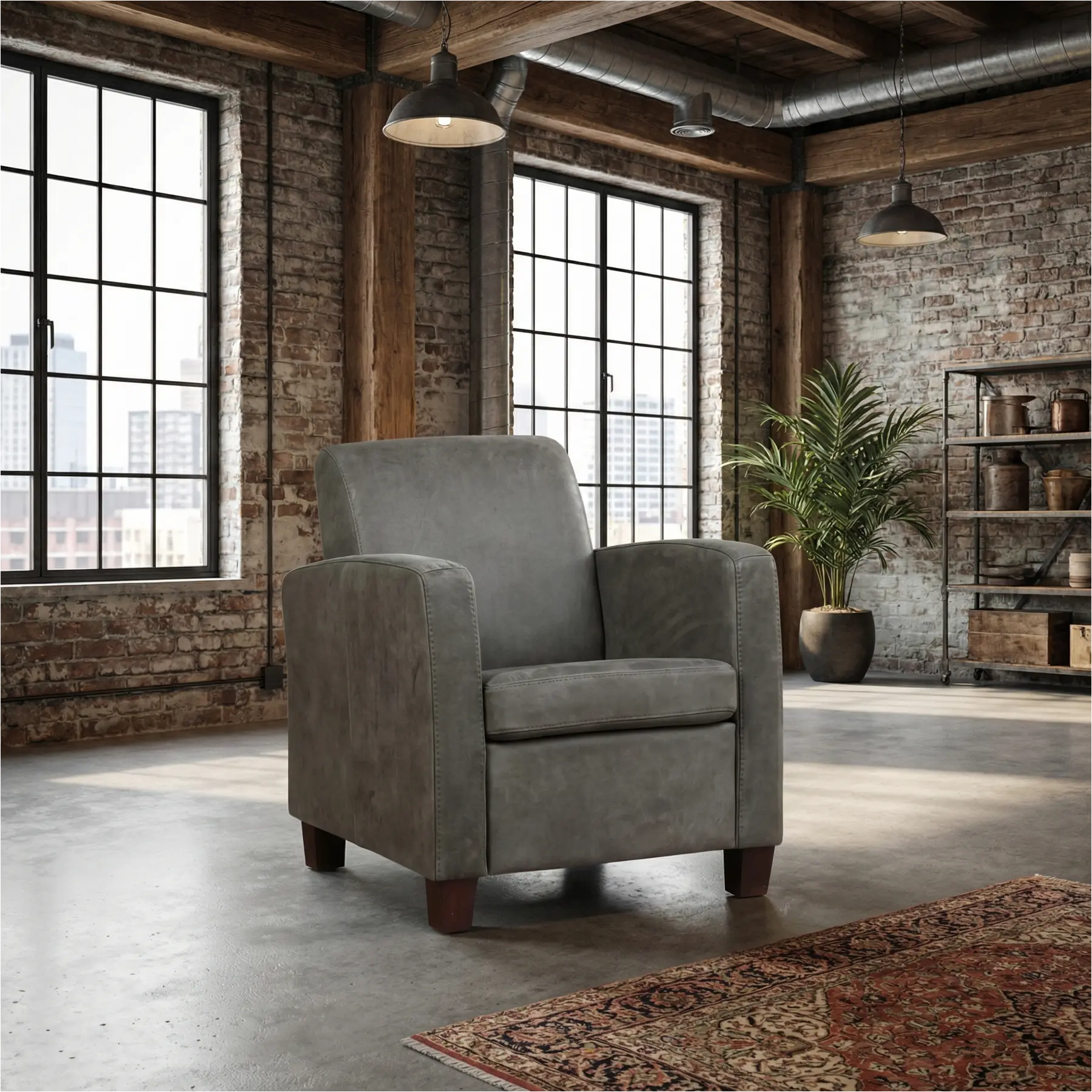 afbeelding van Leren fauteuil Joy - Kenia Antracite (grijs) - Poten hout bruin