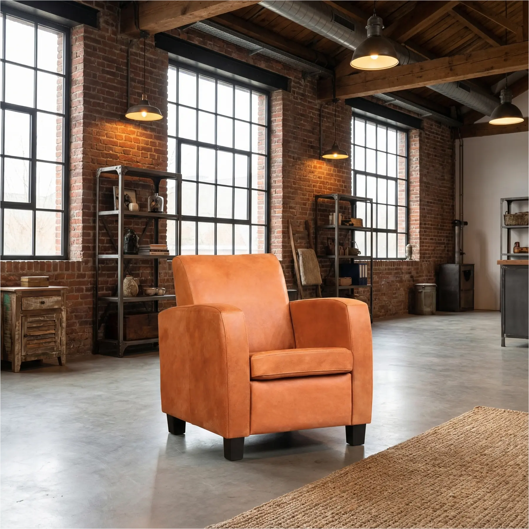 afbeelding van Leren fauteuil Joy - Kenia Rost (oranje) - Poten hout zwart