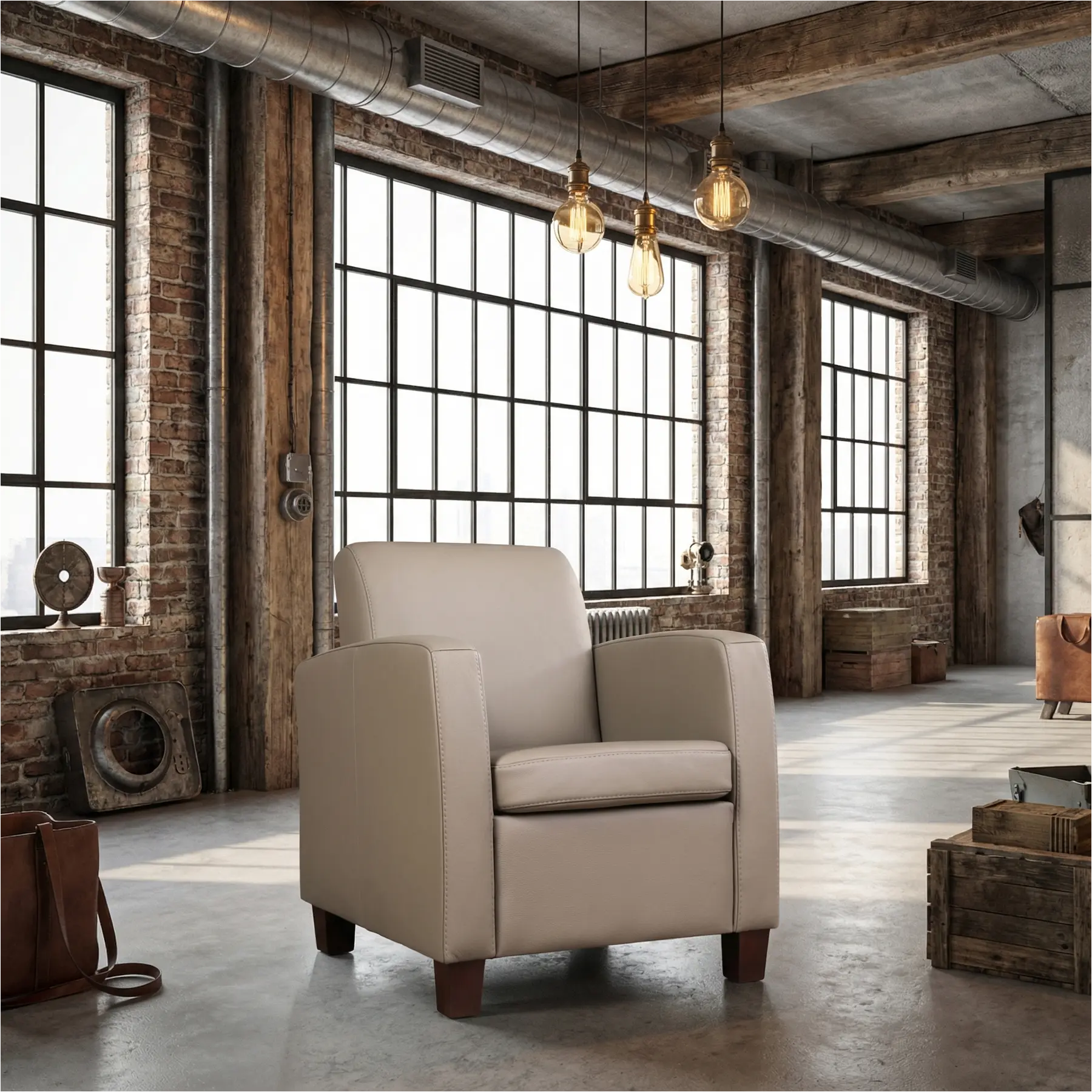 afbeelding van Leren fauteuil Joy - Toledo Khaki (taupe/bruin) - Poten hout bruin