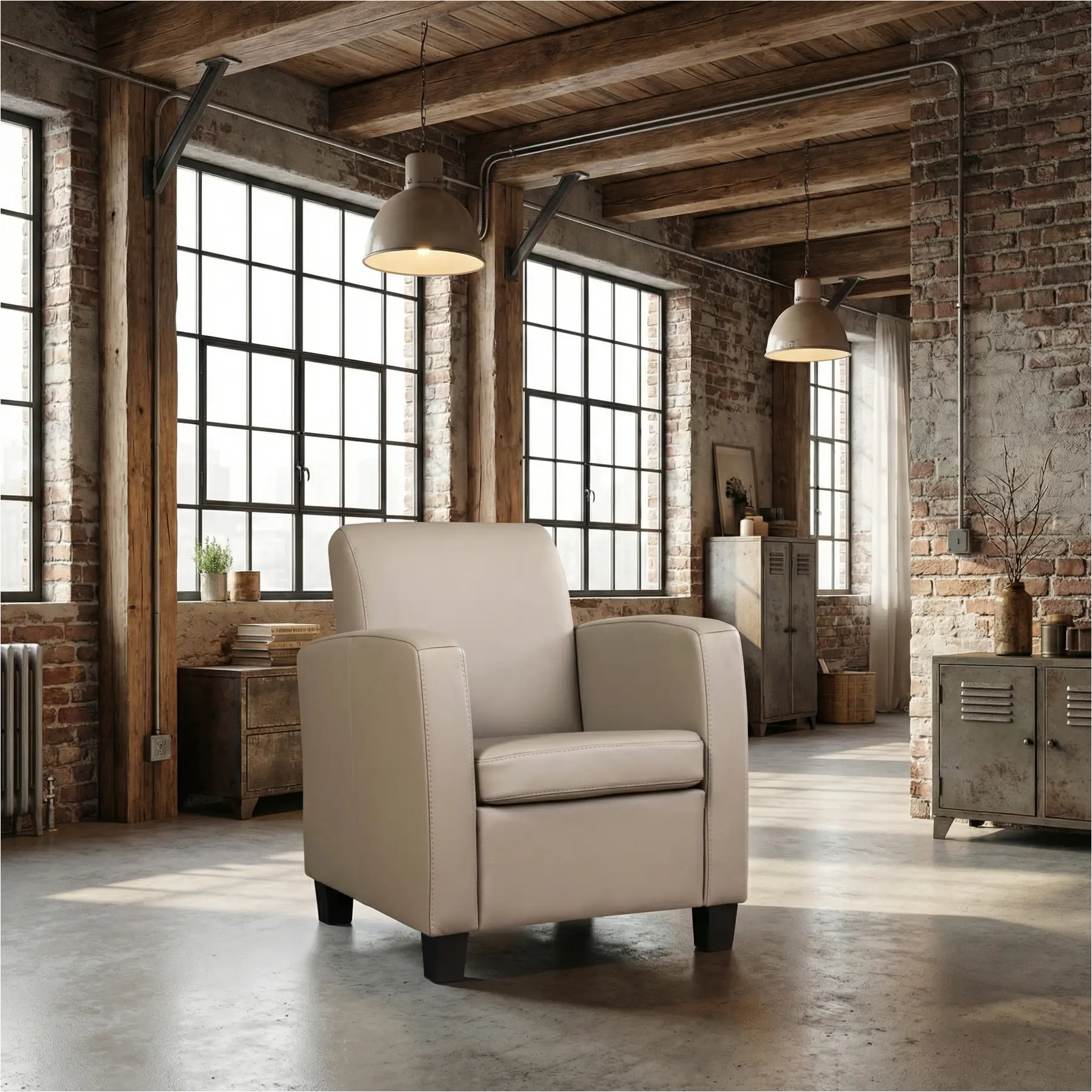 afbeelding van Leren fauteuil Joy - Toledo Khaki (taupe/bruin) - Poten hout zwart