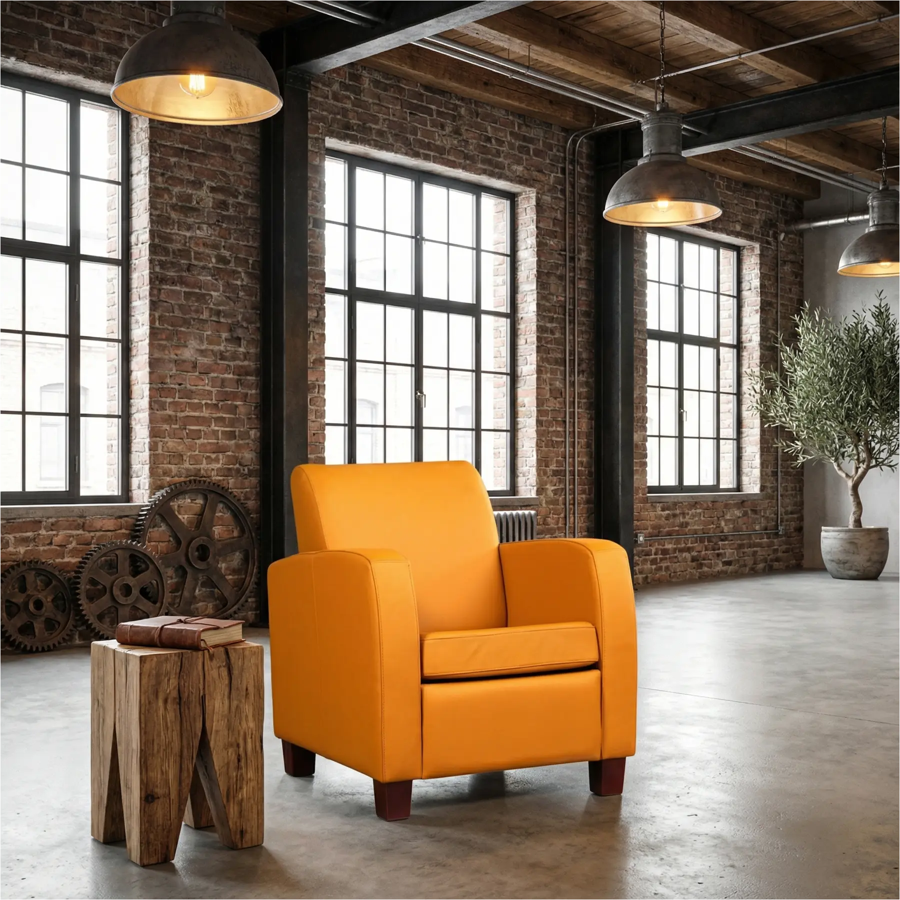 afbeelding van Leren fauteuil Joy - Toledo Leem (geel/bruin) - Poten hout bruin