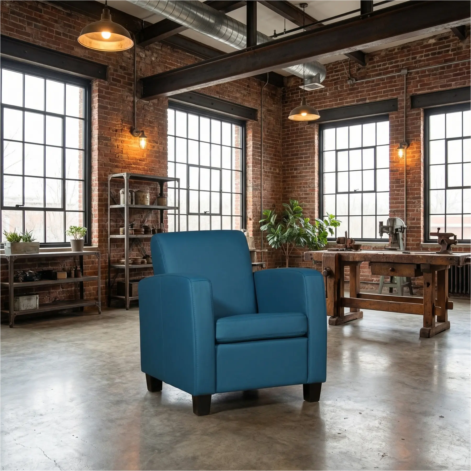 afbeelding van Leren fauteuil Joy - Toledo Turquoise (blauw) - Poten hout bruin