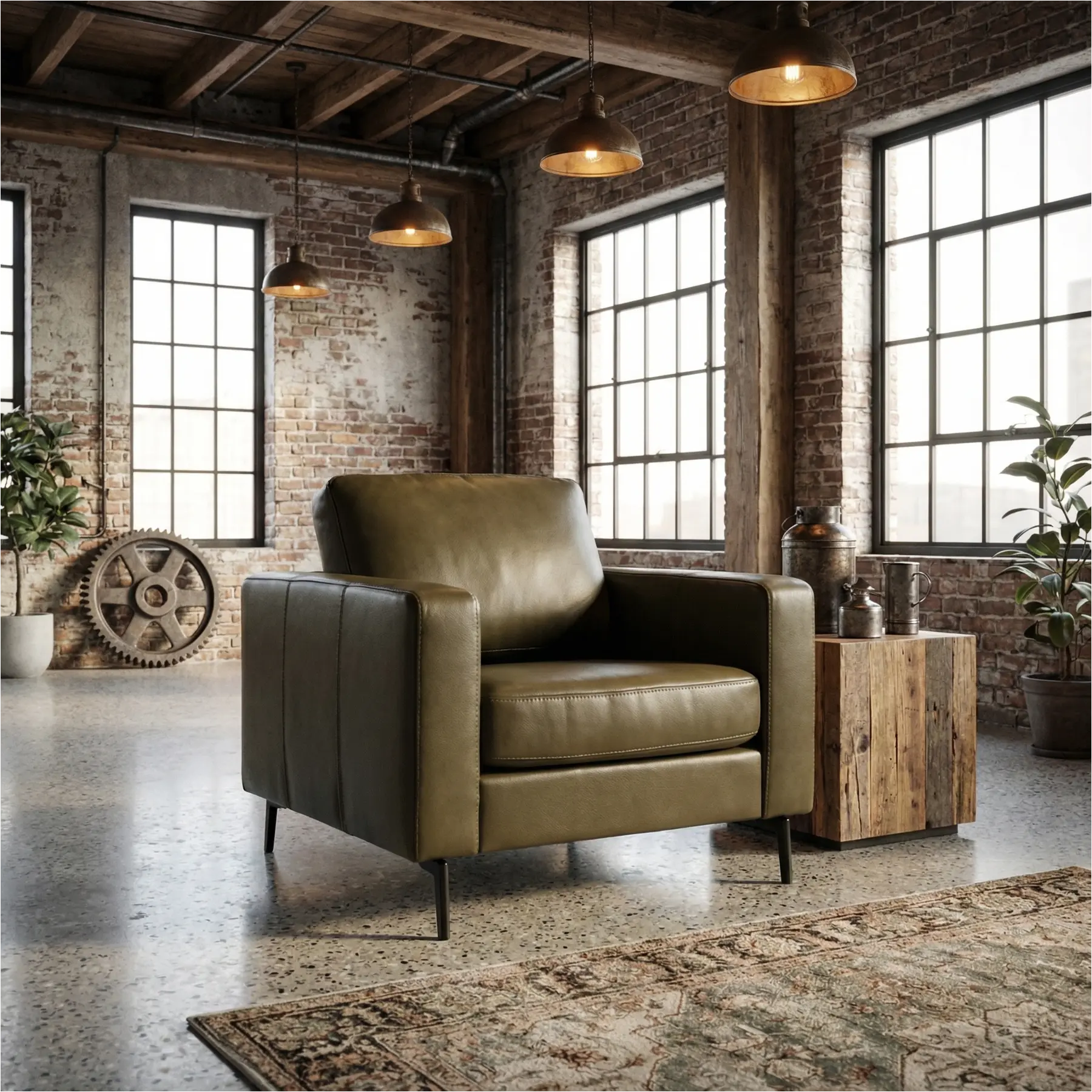 afbeelding van Leren fauteuil Match - Rancho Green (olijf/groen) - Poten staal zwart