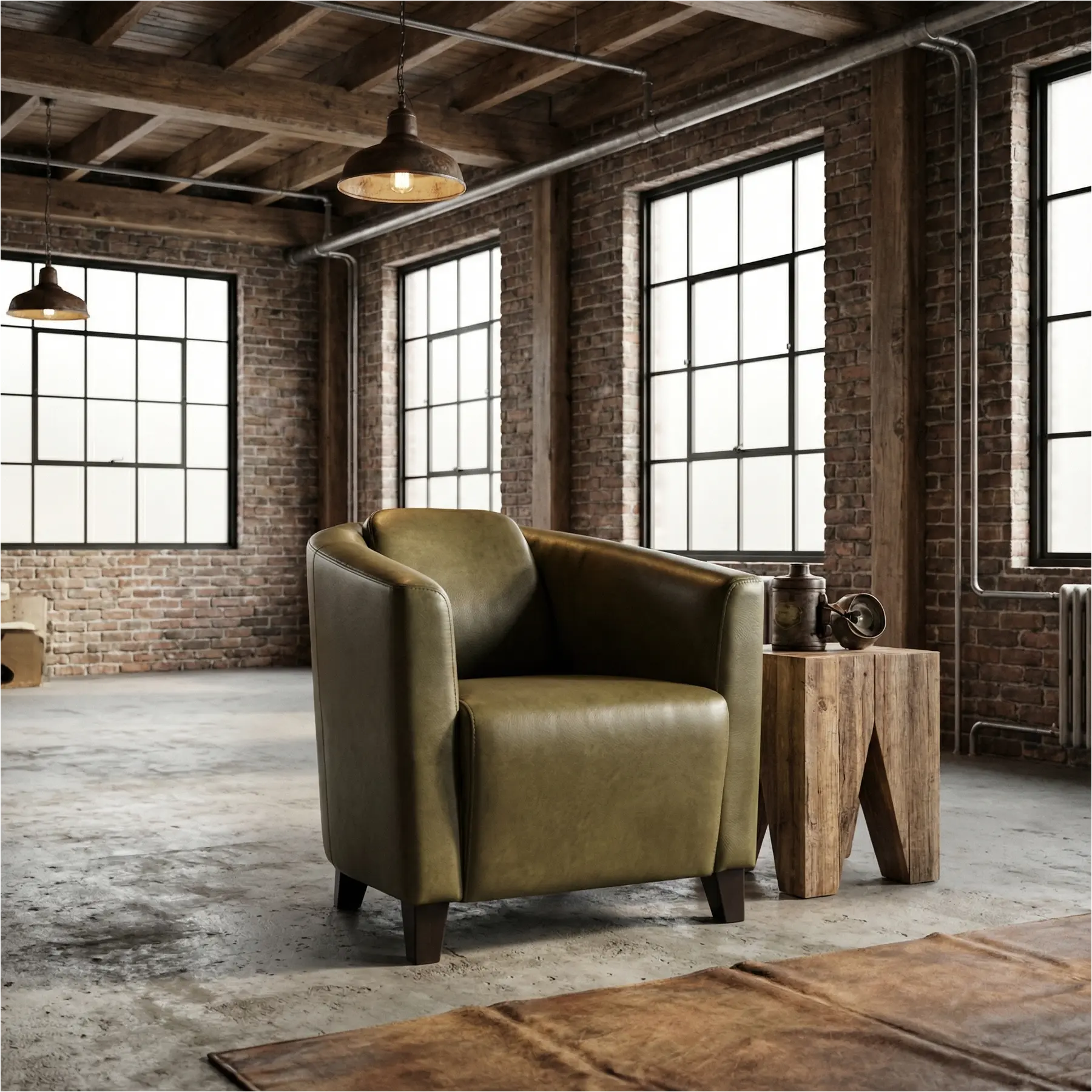 afbeelding van Leren fauteuil Press - Granada Moss (olijf/groen) - Poten hout zwart