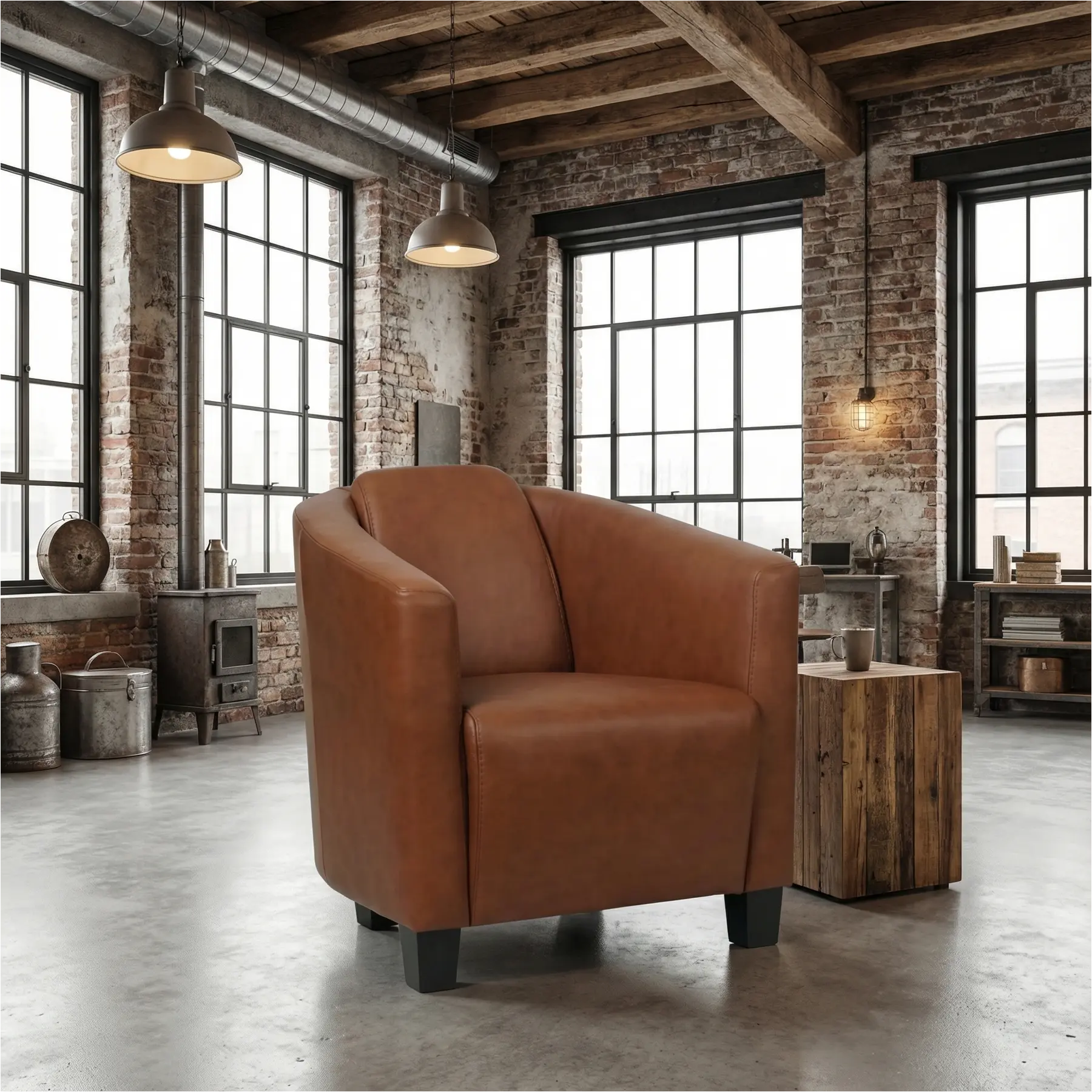 afbeelding van Leren fauteuil Press - Massif Armagnac (donkercognac) - Poten hout zwart
