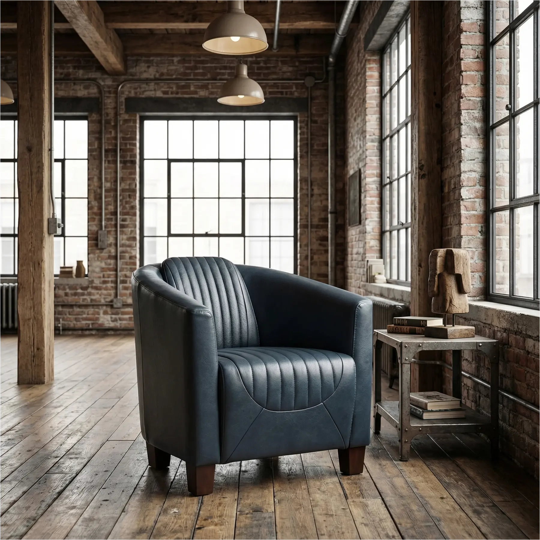 afbeelding van Leren fauteuil Press Special - Granada Blue (blauw) - Poten hout bruin