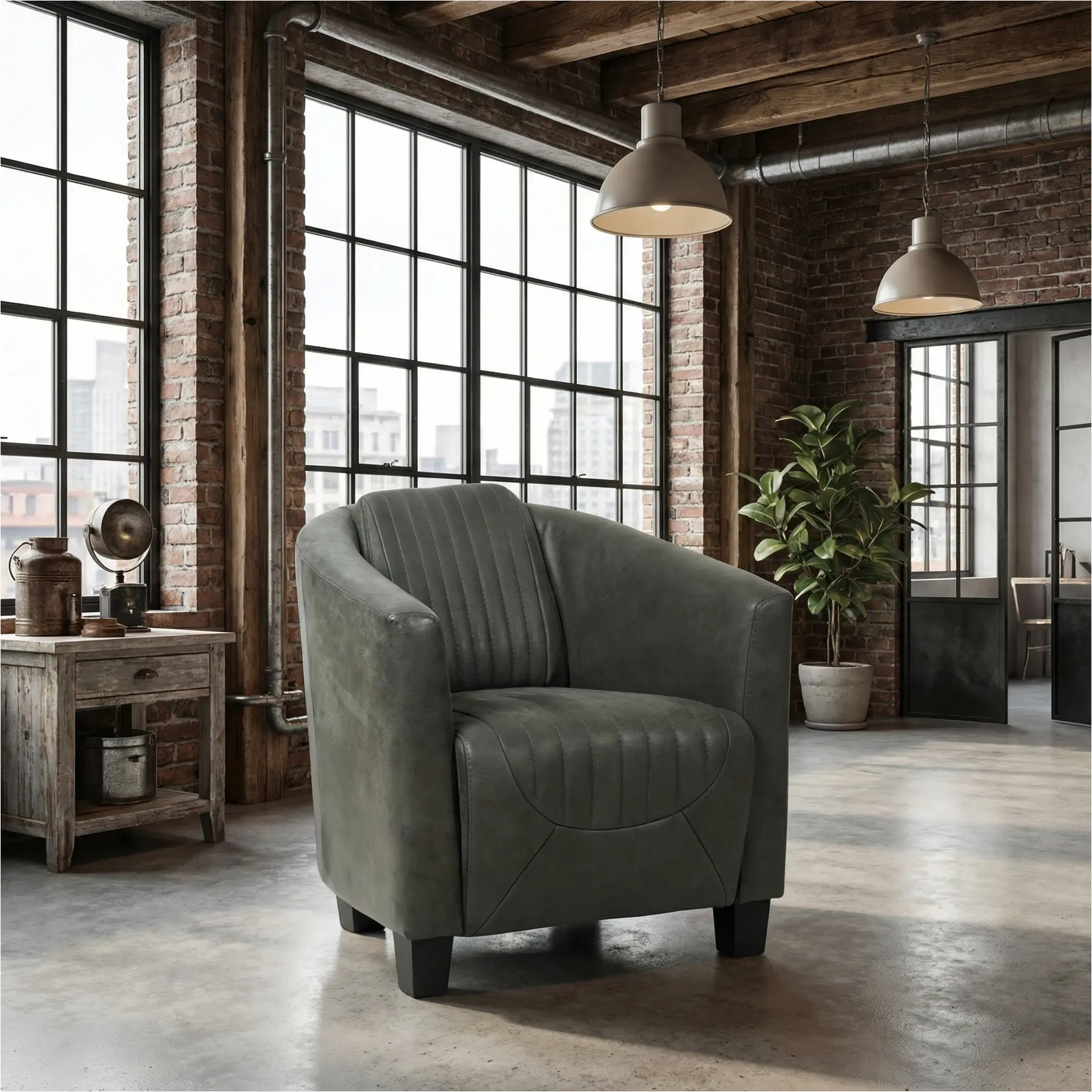 afbeelding van Leren fauteuil Press Special - Kenia Antracite (grijs) - Poten hout zwart