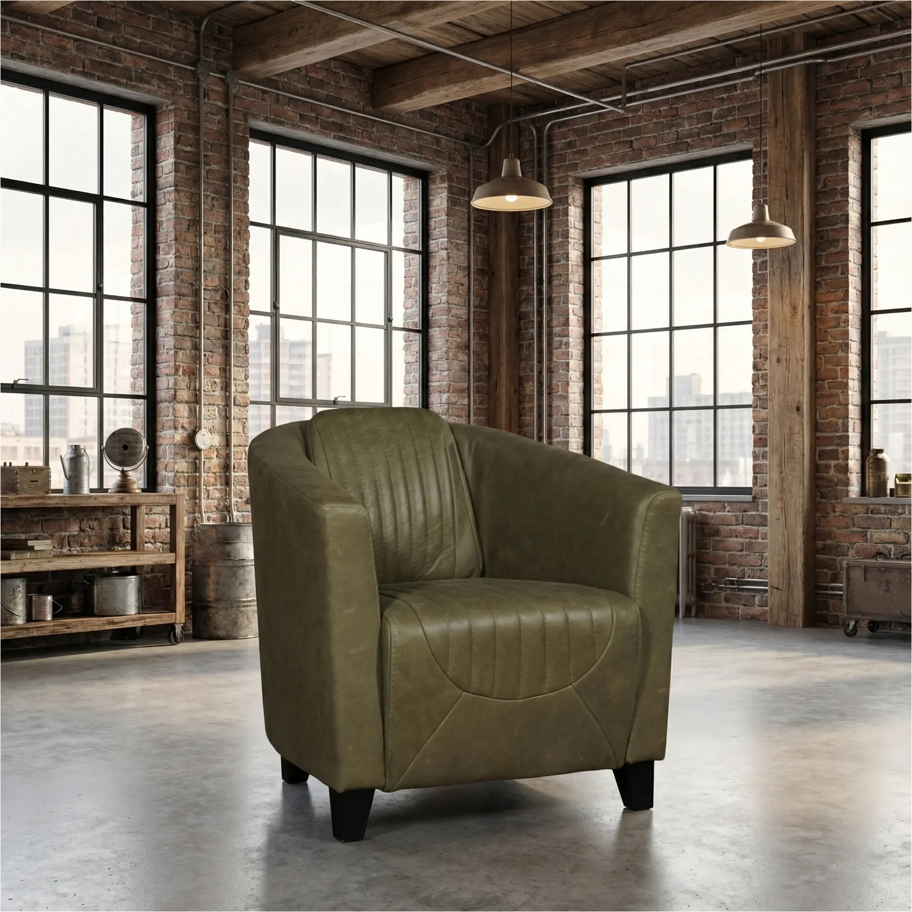 afbeelding van Leren fauteuil Press Special - Vintage Olive (olijf/groen) - Poten hout zwart