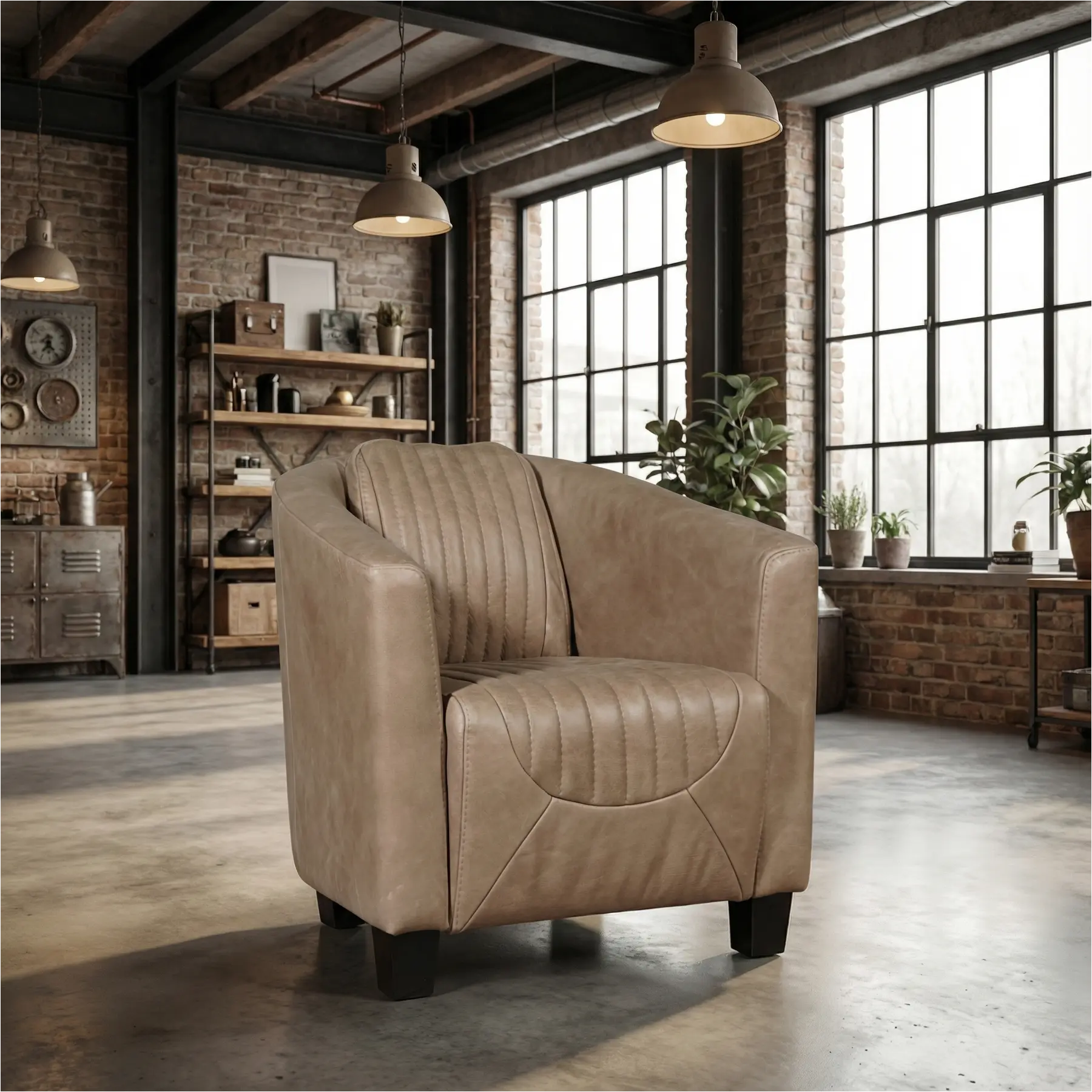 afbeelding van Leren fauteuil Press Special - Vintage Taupe (taupe/bruin) - Poten hout zwart