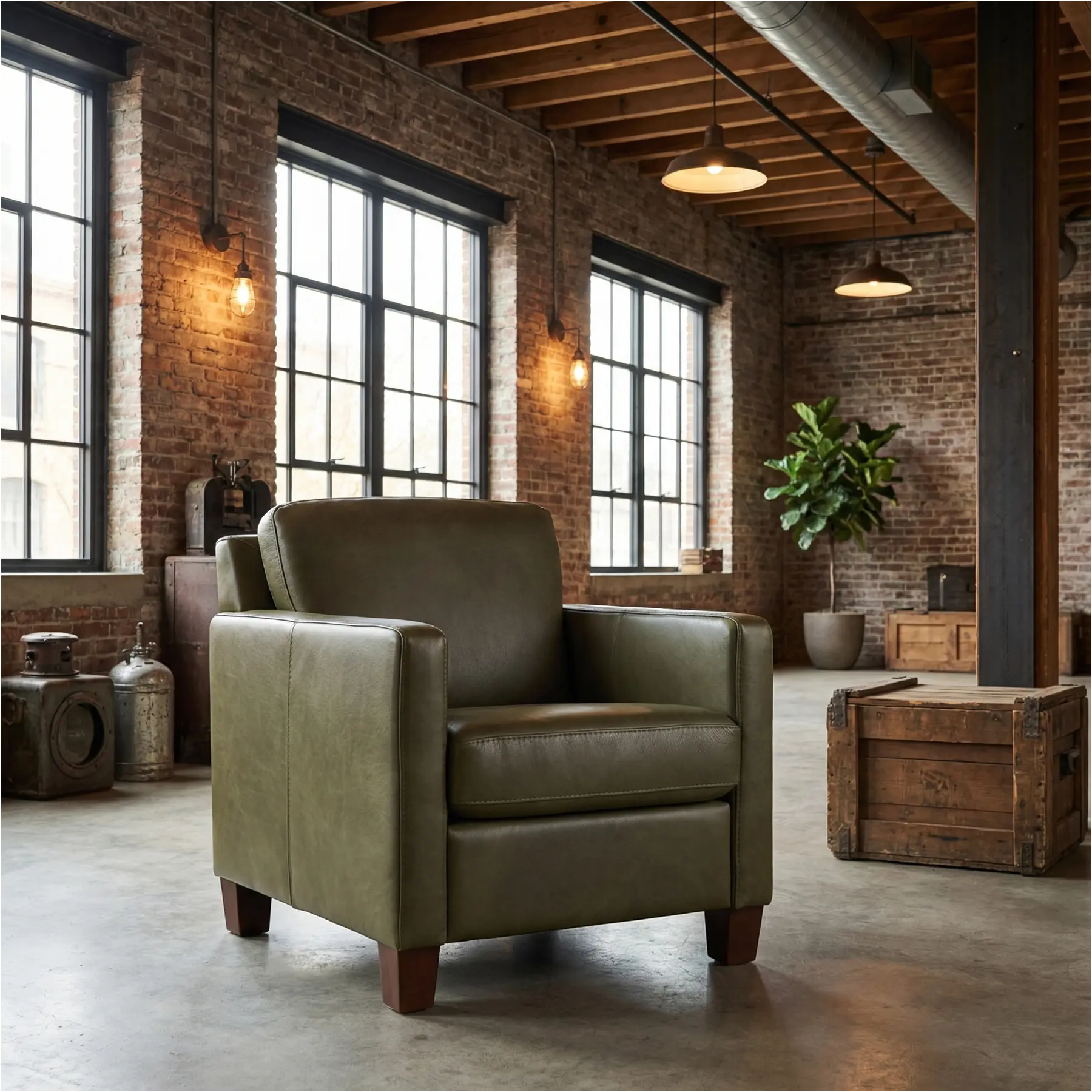 afbeelding van Leren fauteuil Smart - Granada Moss (olijf/groen) - Poten hout bruin