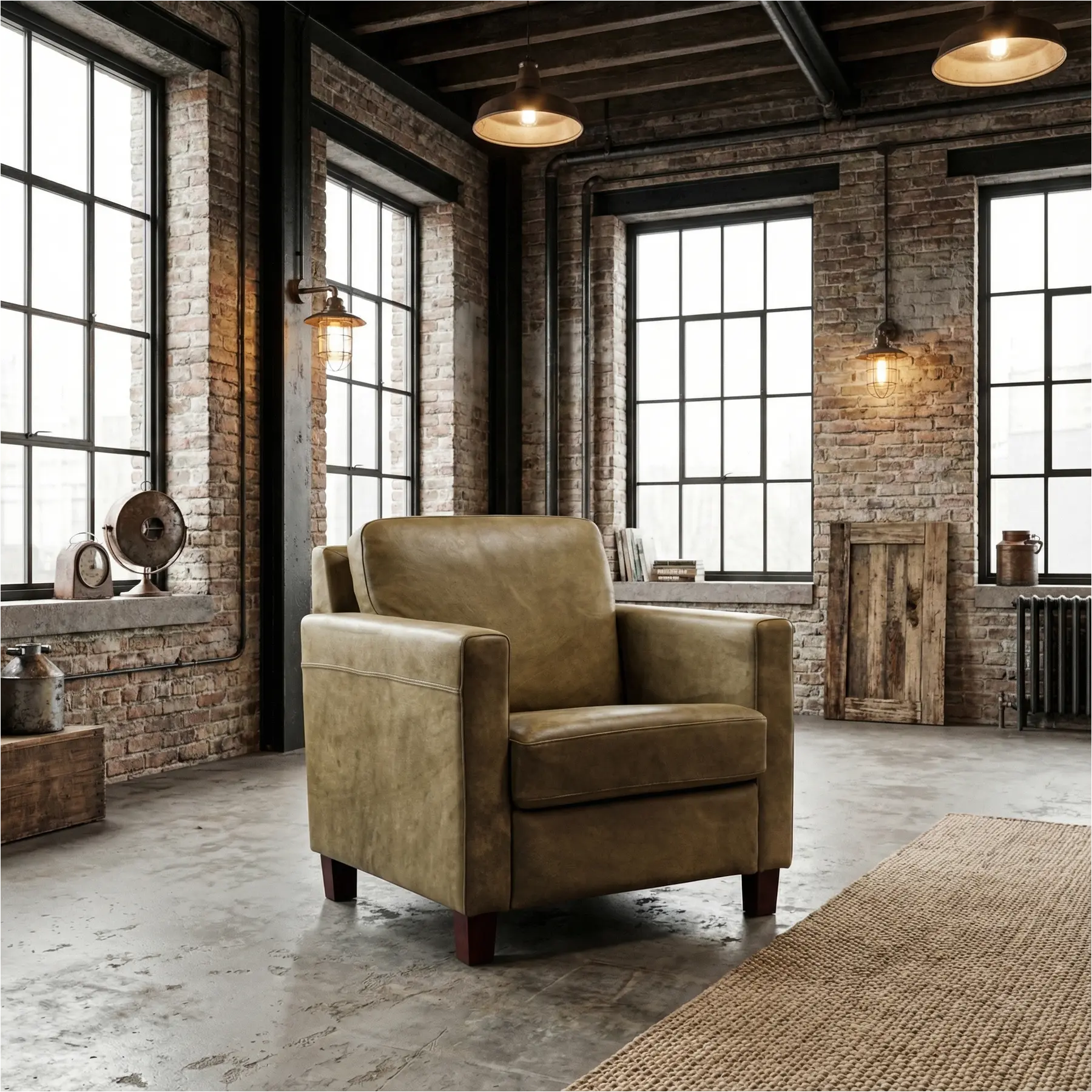 afbeelding van Leren fauteuil Smart - Kenia Olive (olijf) - Poten hout bruin