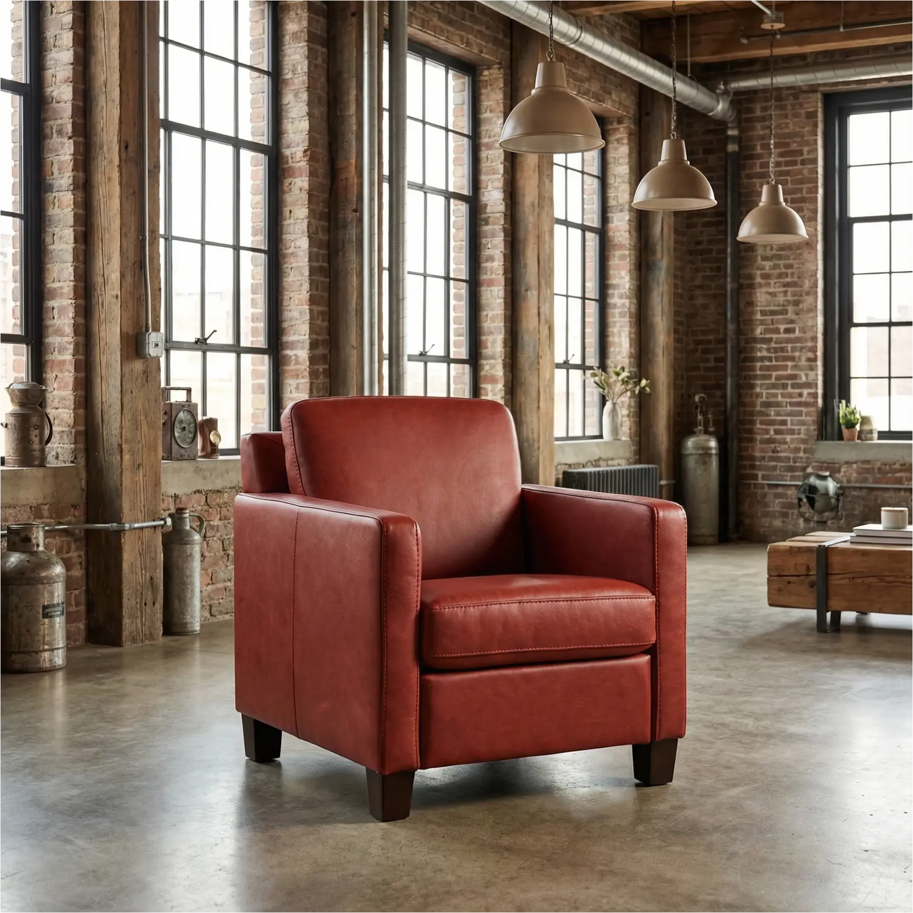 afbeelding van Leren fauteuil Smart - Vintage Burgundy (rood) - Poten hout bruin