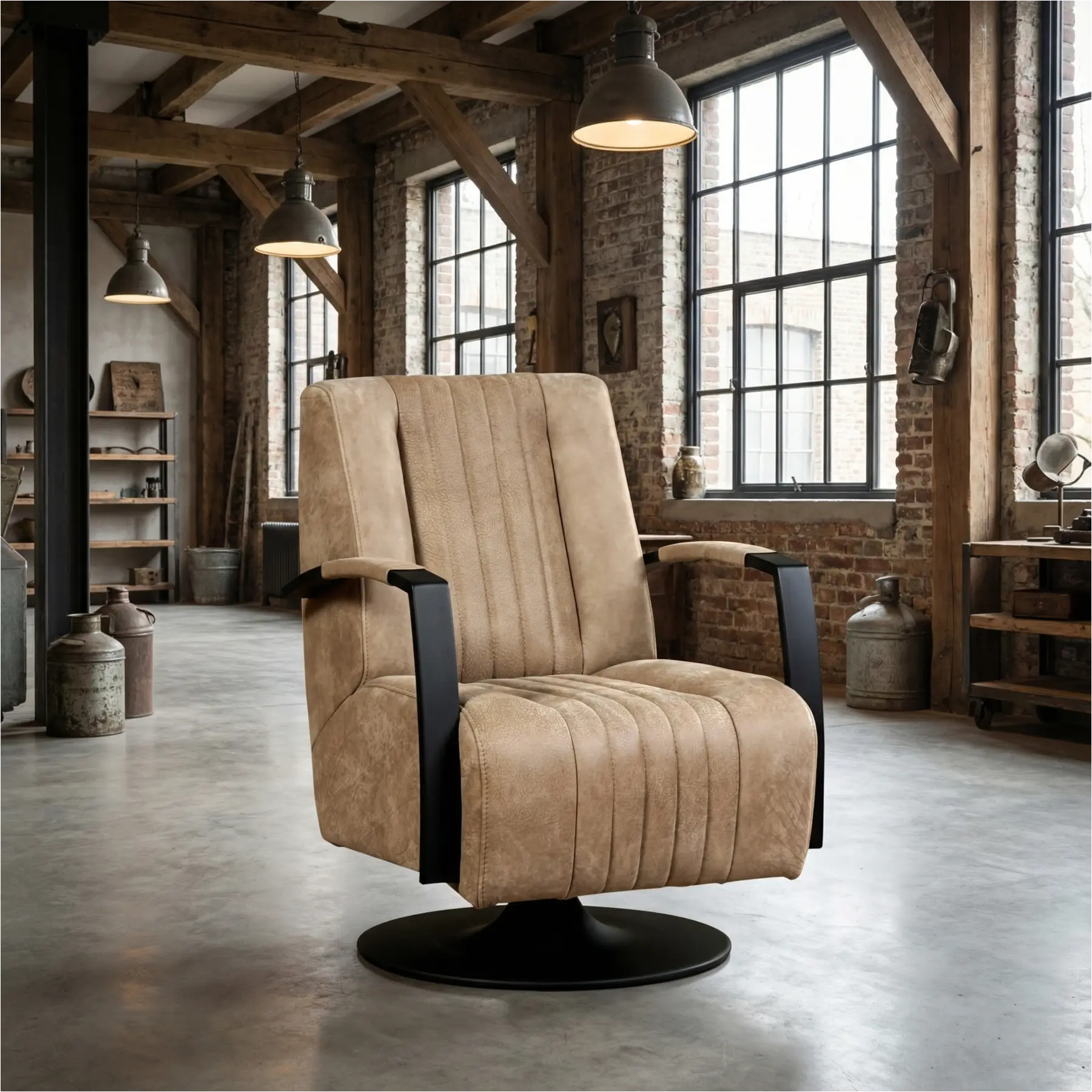 afbeelding van Leren draaifauteuil Galaxy - Kenia Taupe (taupe/bruin) - Schotelvoet zwart
