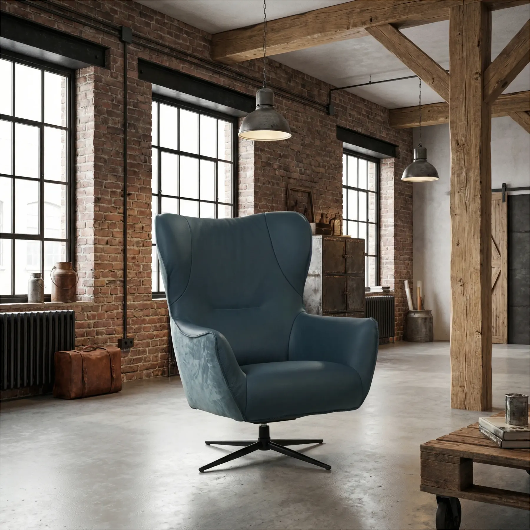 afbeelding van Leren draaifauteuil Leaf Duo - Kenia Denim en Toledo Marine - Stervoet zwart