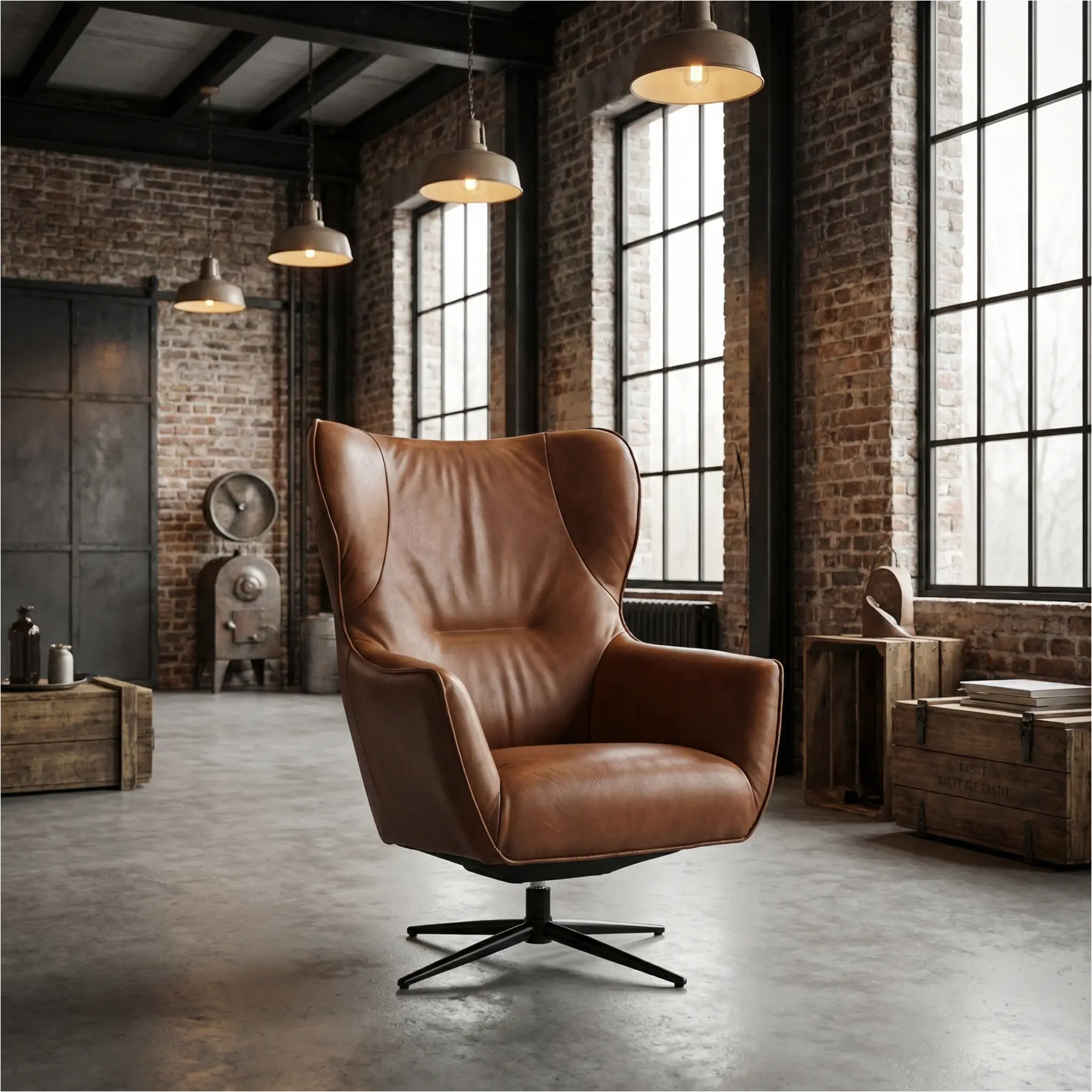 afbeelding van Leren draaifauteuil Leaf - Rancho Cognac (cognac) - Stervoet zwart