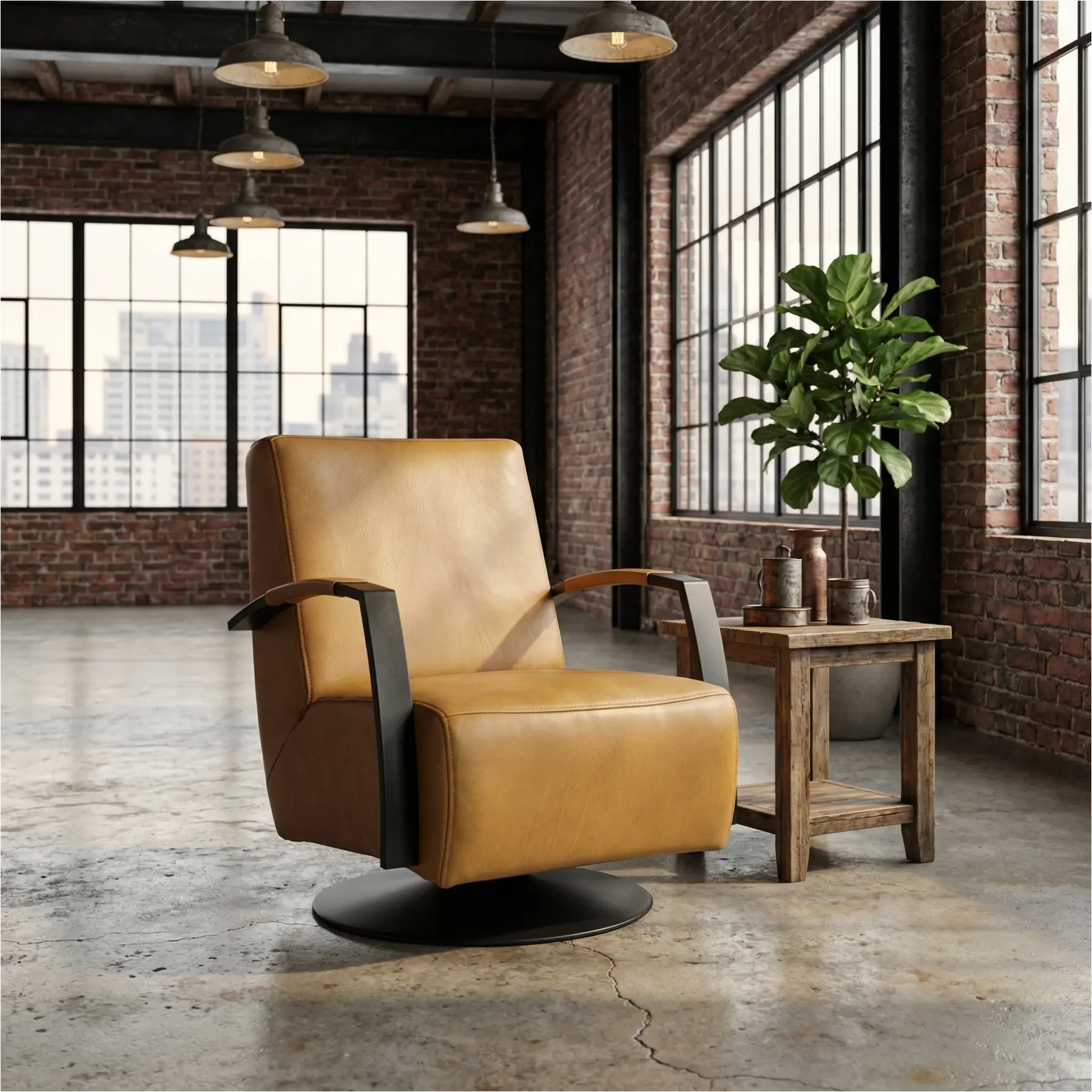 afbeelding van Leren draaifauteuil Mood - Granada Amber (cognac) - Schotelvoet zwart