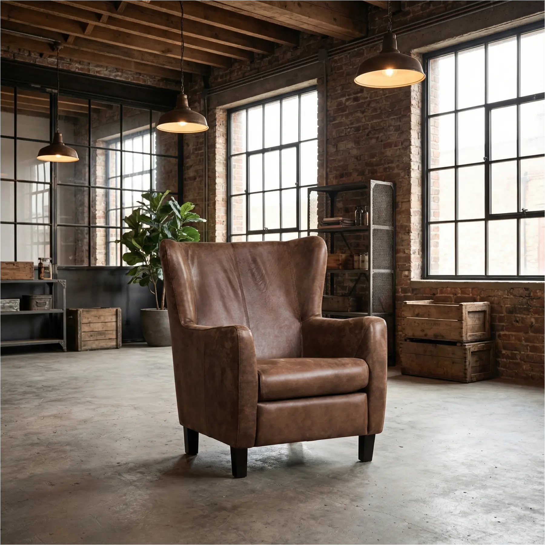 afbeelding van Leren fauteuil Hug - Vintage Brown (bruin) - Poten hout bruin