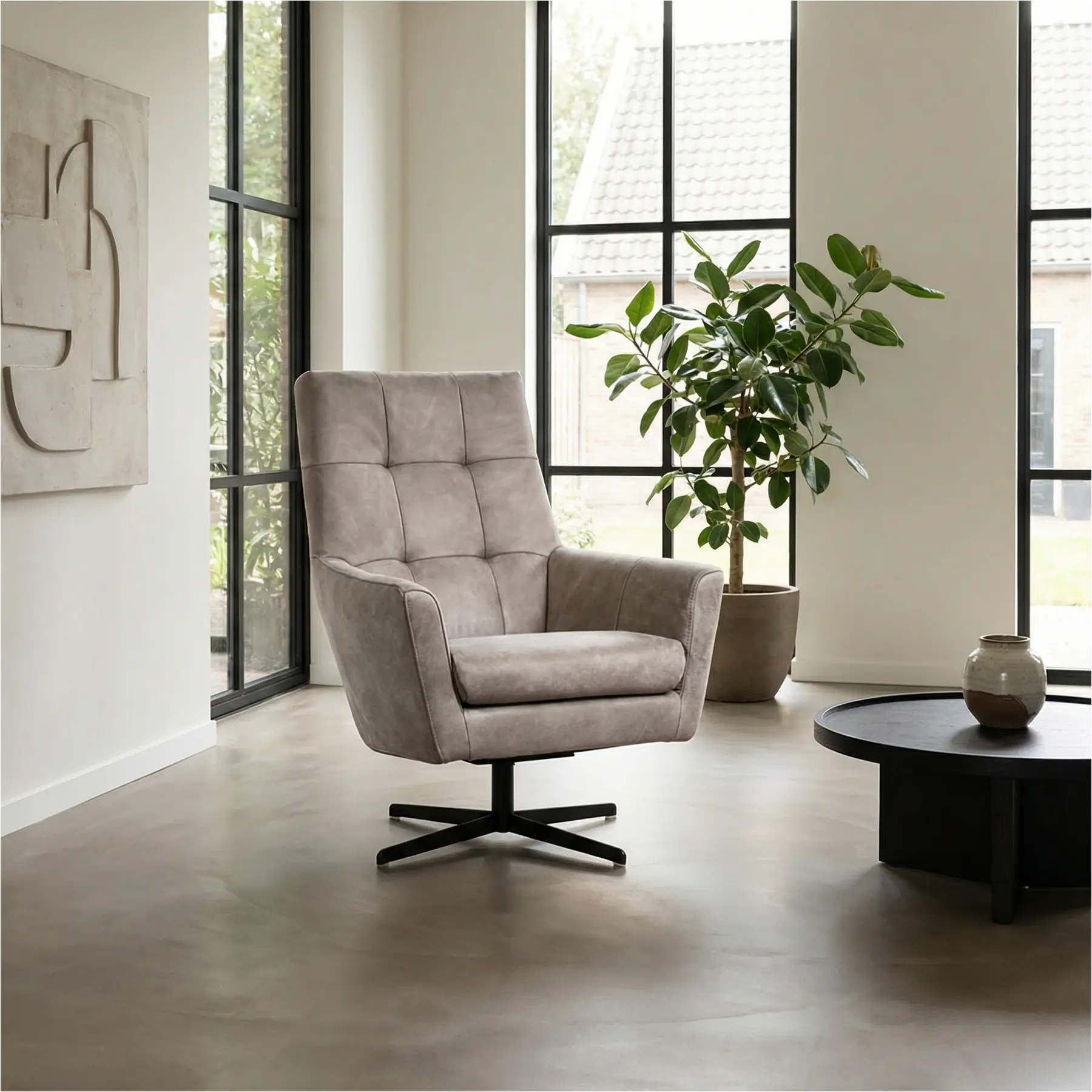 afbeelding van Leren draaifauteuil Central - Kenia Lightgrey (lichtgrijs)