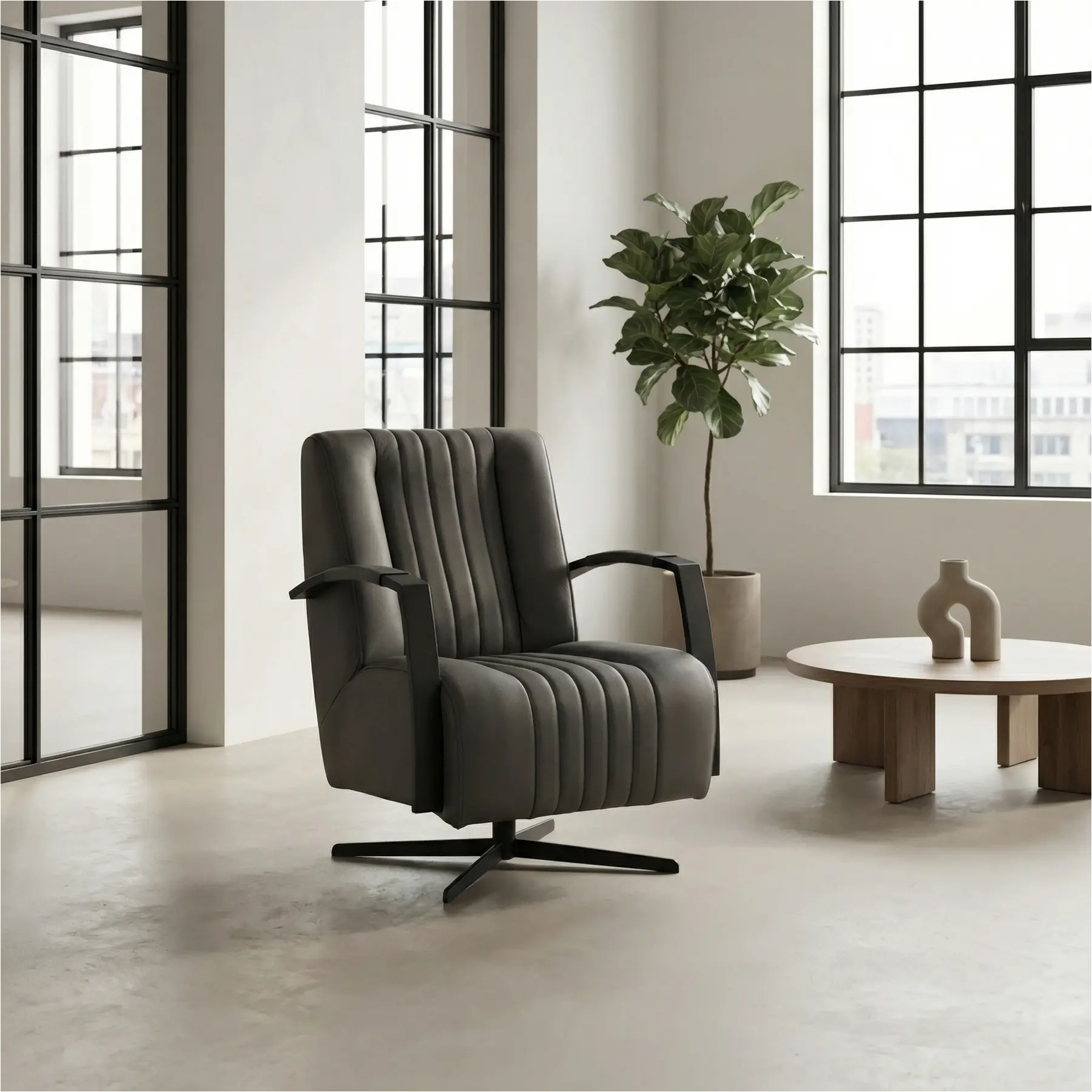 afbeelding van Leren draaifauteuil Galaxy - Hermes Antracite (donkergrijs) - Stervoet zwart