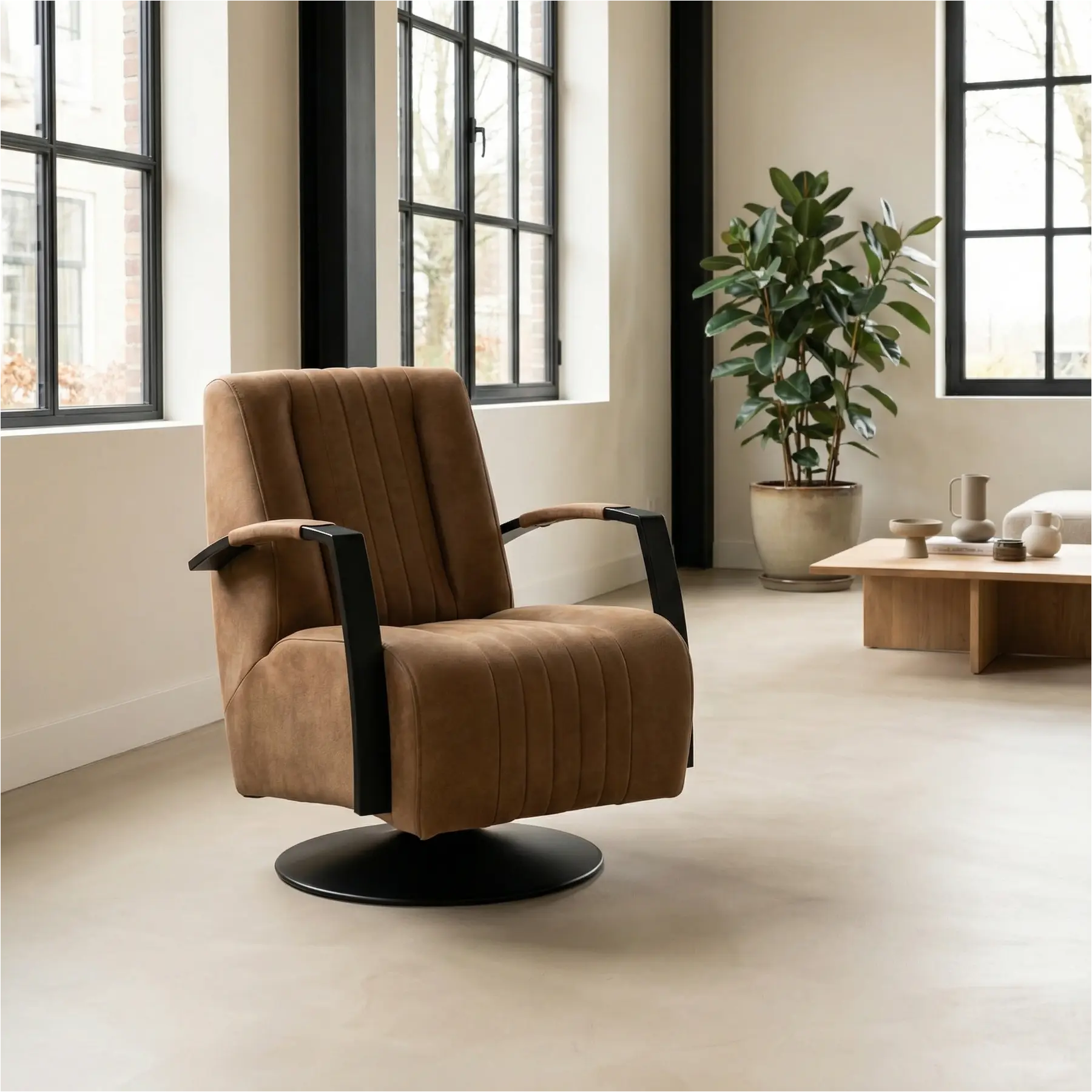 afbeelding van Leren draaifauteuil Galaxy - Kenia Brown (bruin) - Schotelvoet zwart