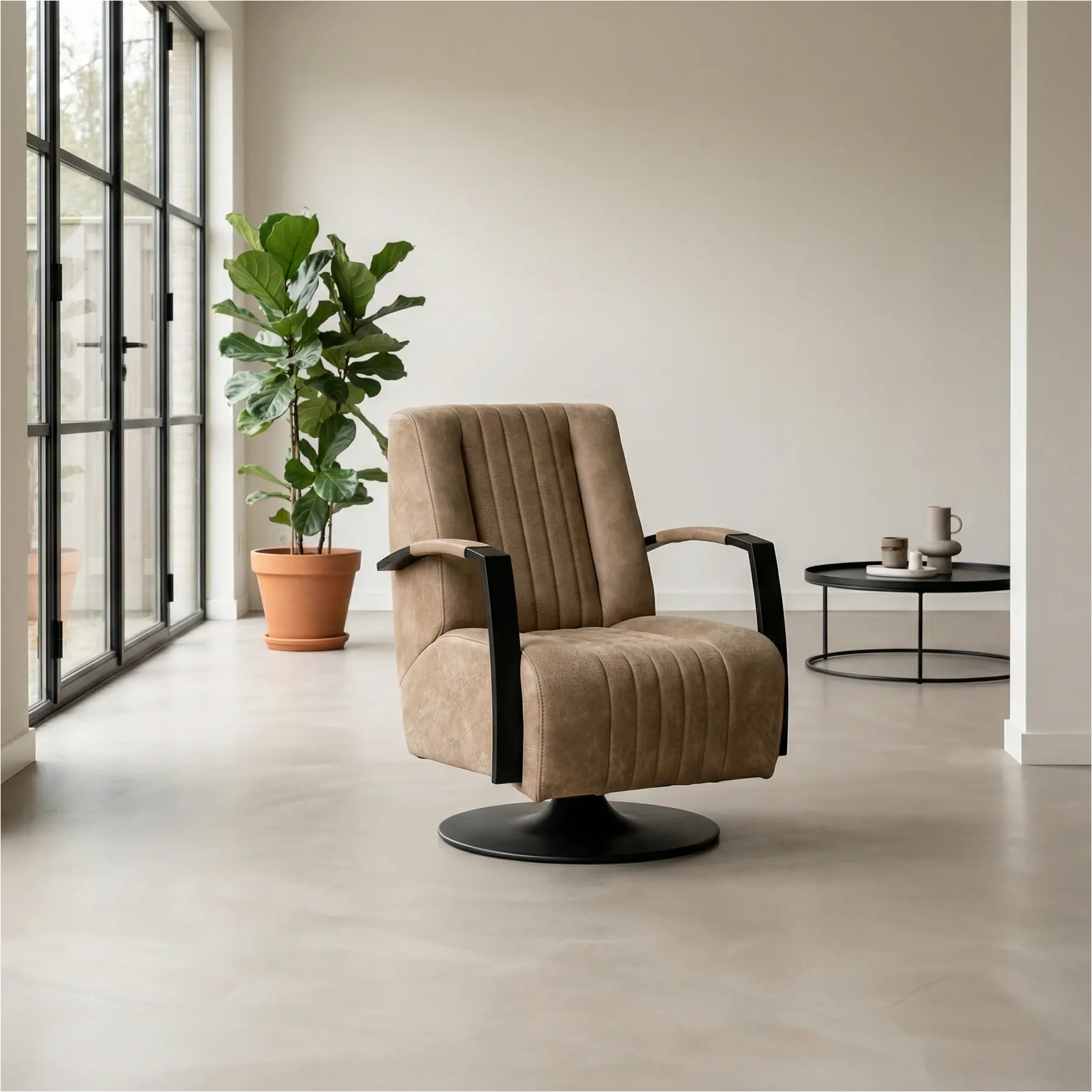 afbeelding van Leren draaifauteuil Galaxy - Kenia Taupe (taupe/bruin) - Schotelvoet zwart